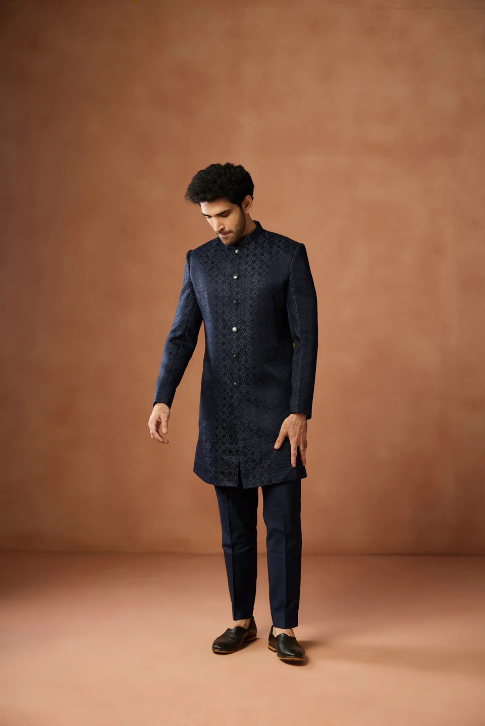 Navy Blue Silk Blend Jacquard Sherwani Set - Image 2