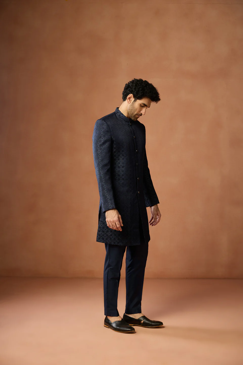 Navy Blue Silk Blend Jacquard Sherwani Set - Image 3