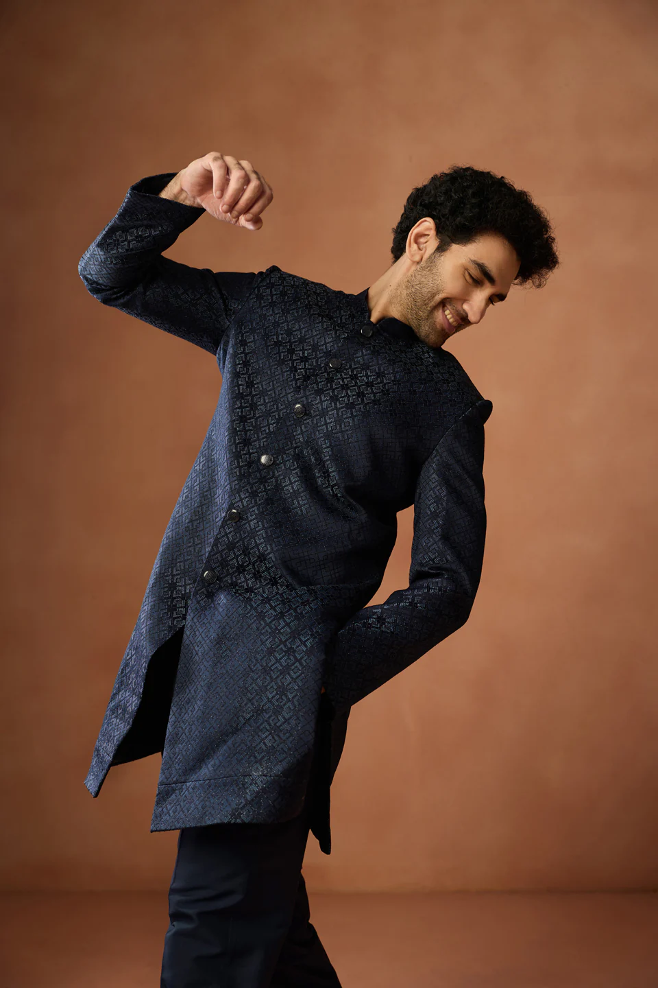 Navy Blue Silk Blend Jacquard Sherwani Set - Image 7