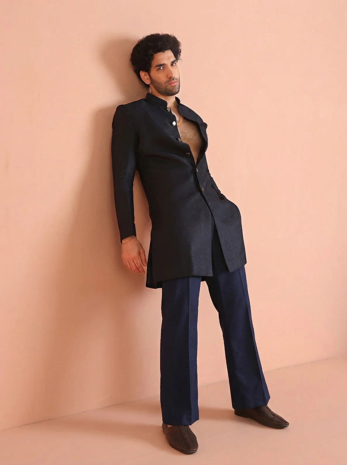 Navy Blue Silk Blend Jacquard Sherwani Wide Leg Trouser Set