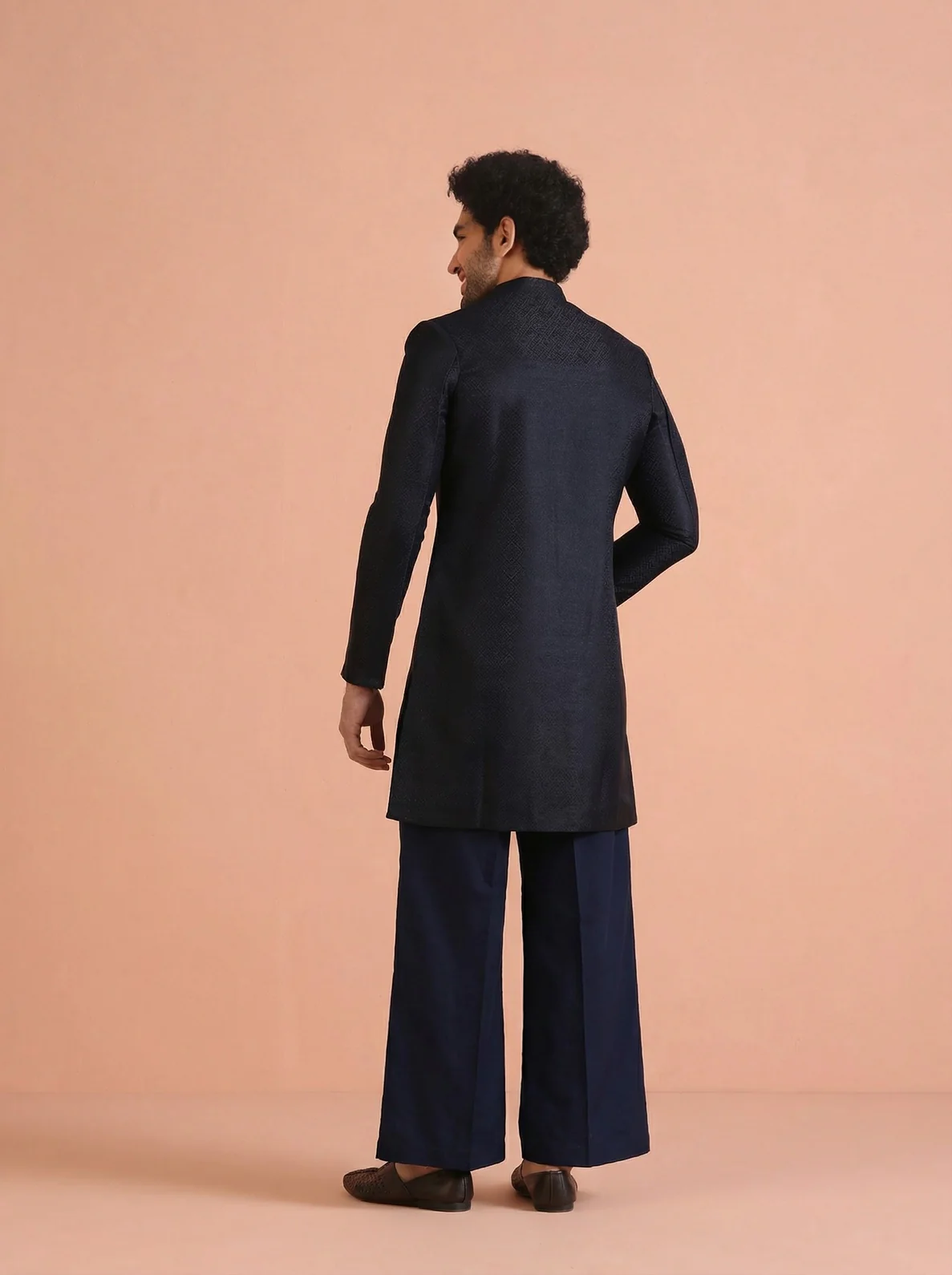 Navy Blue Silk Blend Jacquard Sherwani Wide Leg Trouser Set - Image 3
