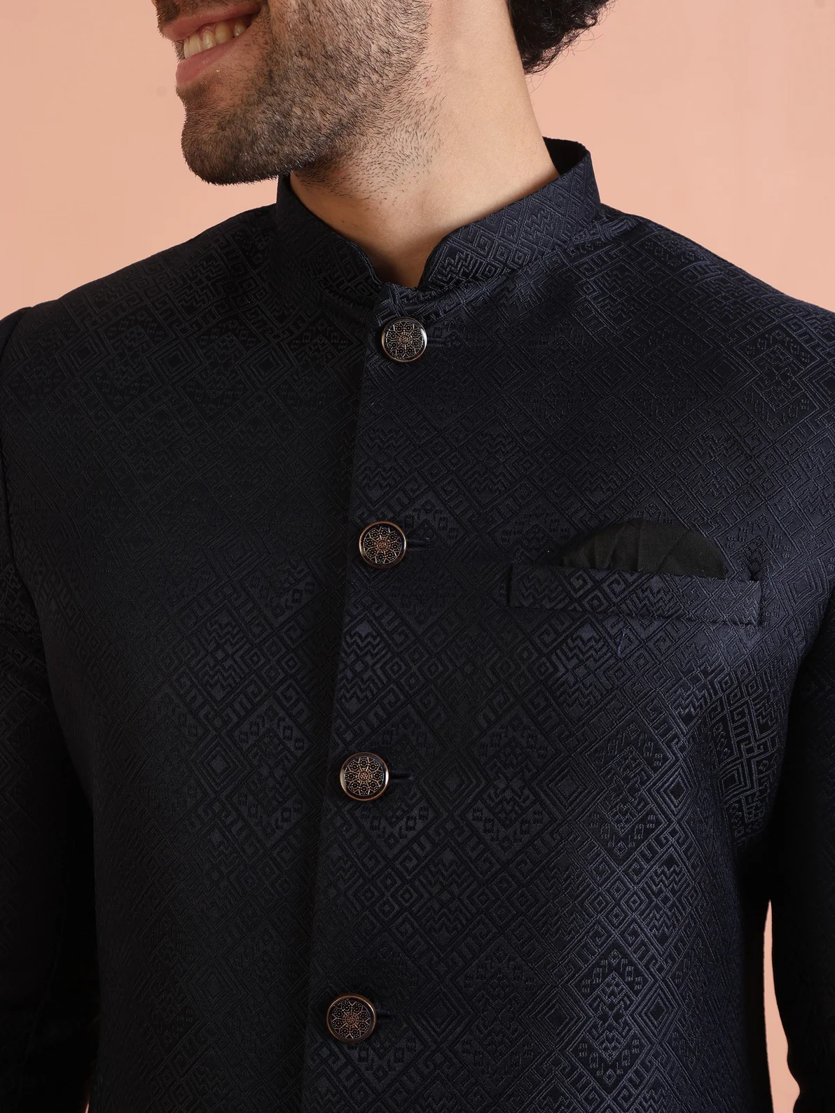 Navy Blue Silk Blend Jacquard Sherwani Wide Leg Trouser Set - Image 4