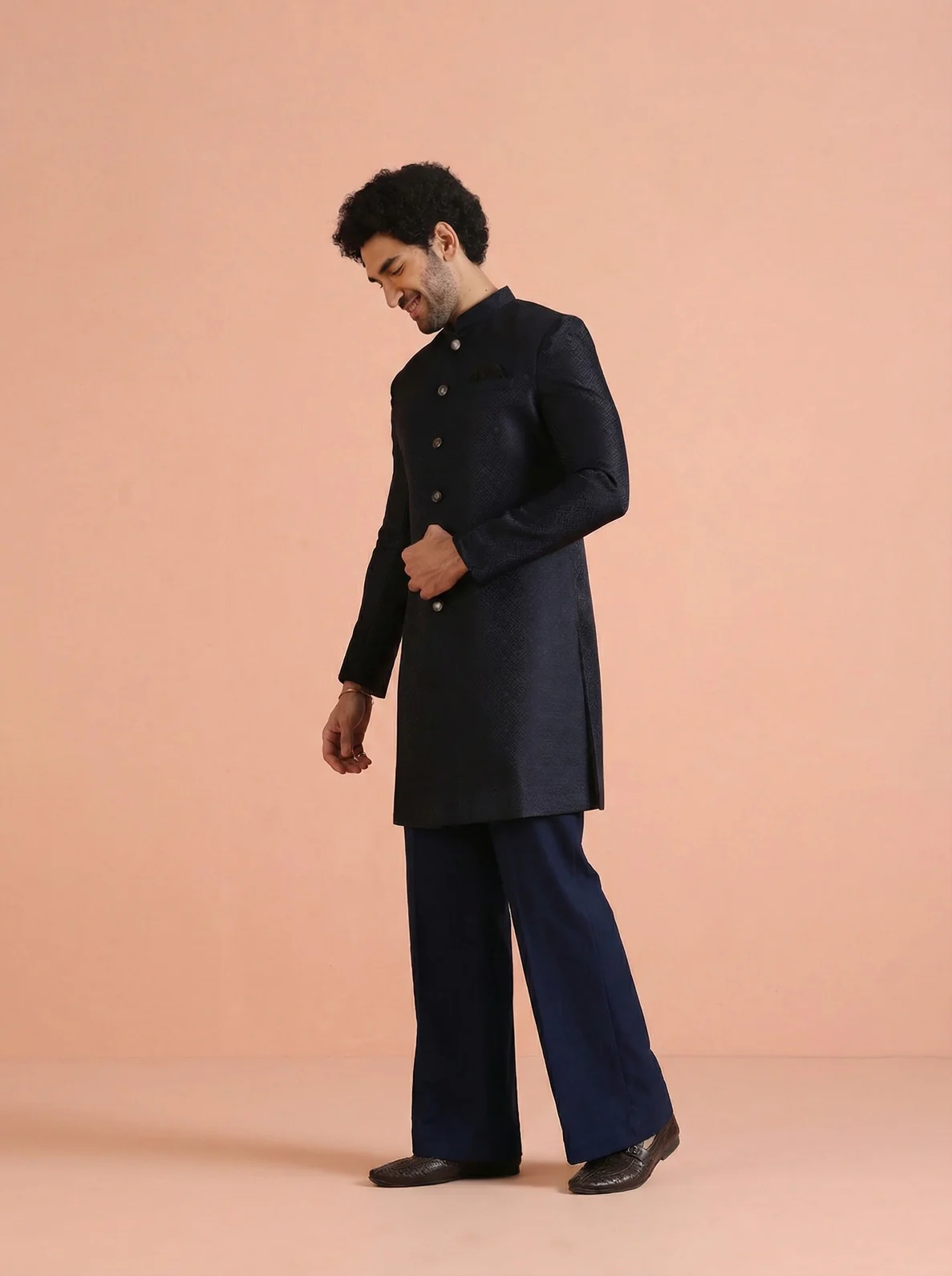 Navy Blue Silk Blend Jacquard Sherwani Wide Leg Trouser Set - Image 6