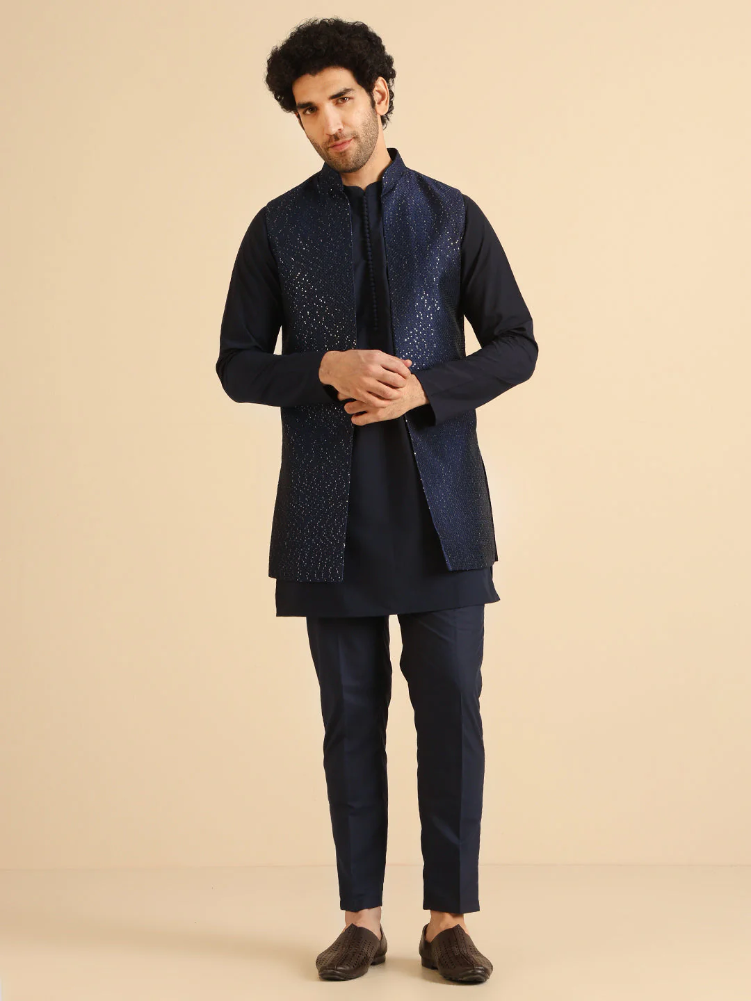 Navy Blue Silk Blend Metallic Jacket Kurta Trouser Set