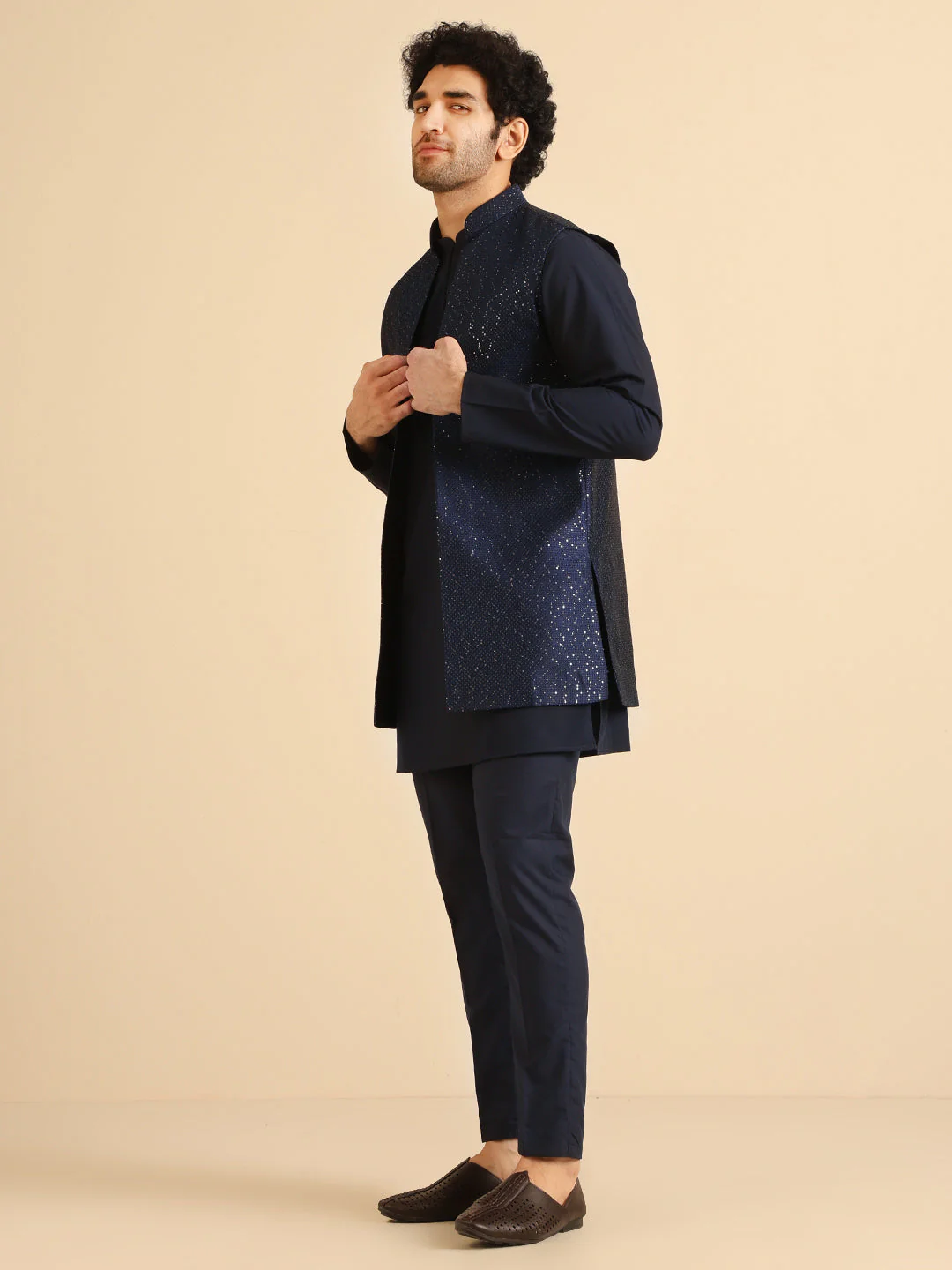 Navy Blue Silk Blend Metallic Jacket Kurta Trouser Set - Image 3