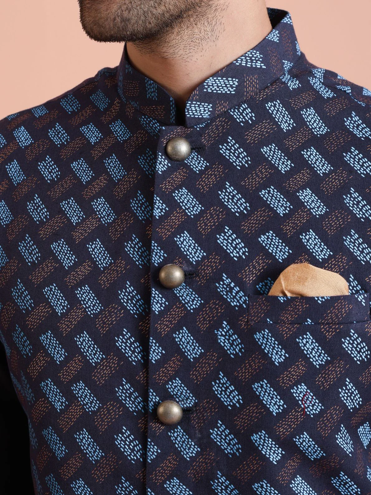 Navy Blue Silk Blend Printed Mid Kurta Jacket Wide Leg Trouser Set - Image 4