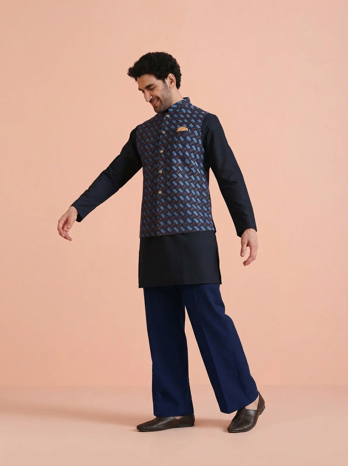 Navy Blue Silk Blend Printed Mid Kurta Jacket Wide Leg Trouser Set - Image 6