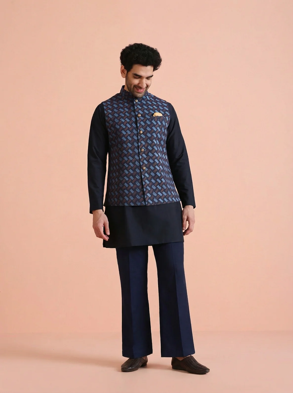 Navy Blue Silk Blend Printed Mid Kurta Jacket Wide Leg Trouser Set - Image 8