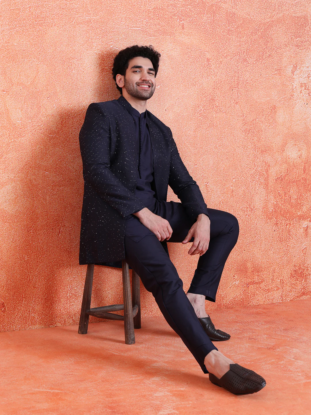 Navy Blue Silk Blend Sequin Mid Kurta Front Open Double Layer Short Sherwani Trouser Set