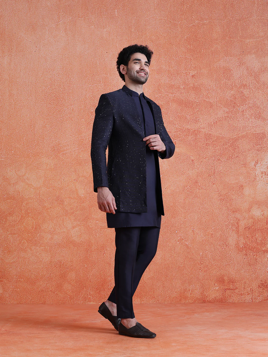 Navy Blue Silk Blend Sequin Mid Kurta Front Open Double Layer Short Sherwani Trouser Set - Image 2