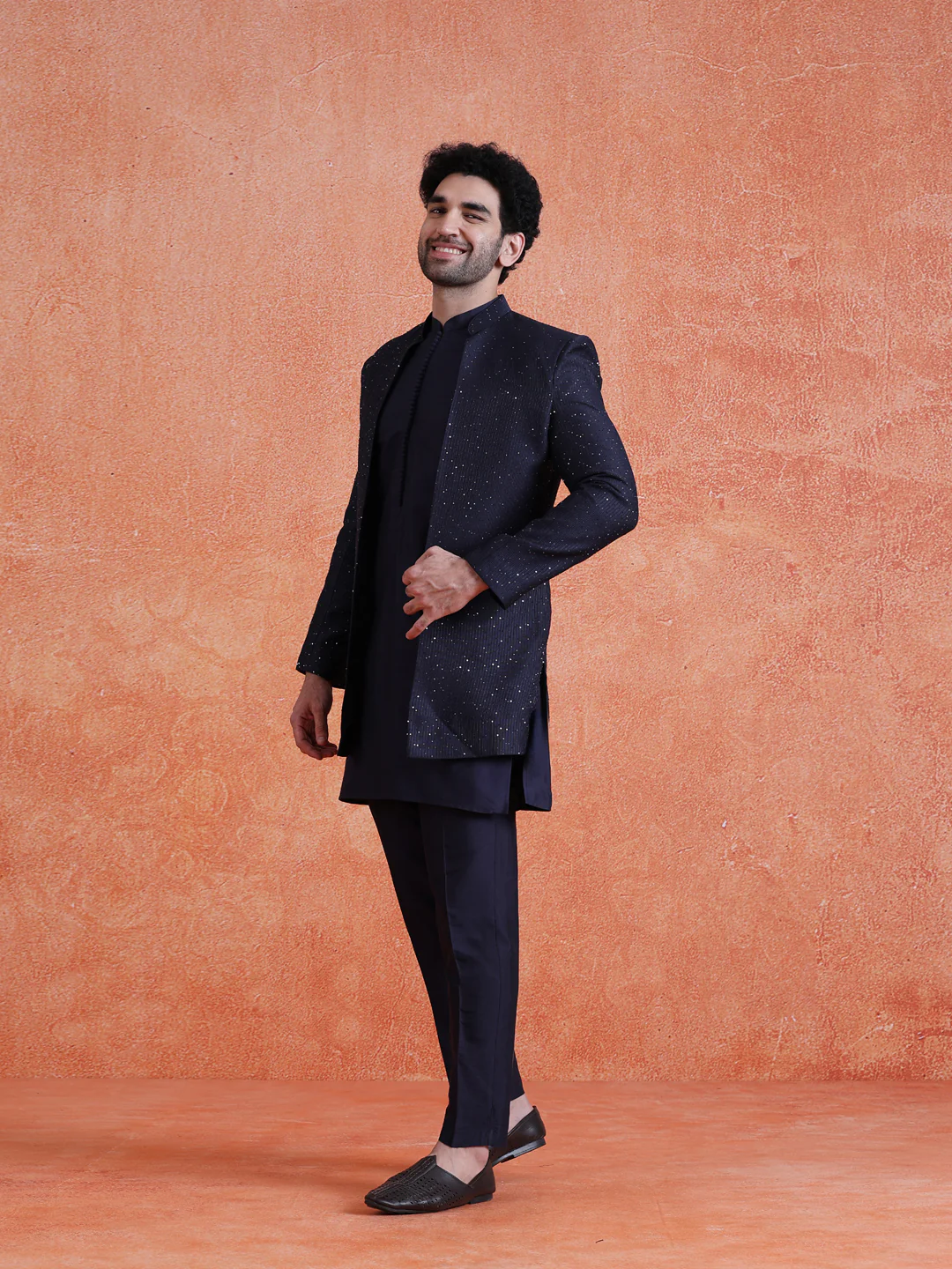 Navy Blue Silk Blend Sequin Mid Kurta Front Open Double Layer Short Sherwani Trouser Set - Image 3