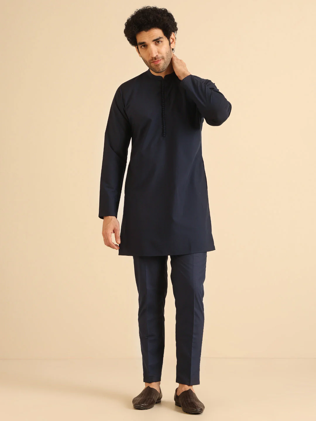 Navy Blue Silk Blend Solid Mid Kurta Trouser Set