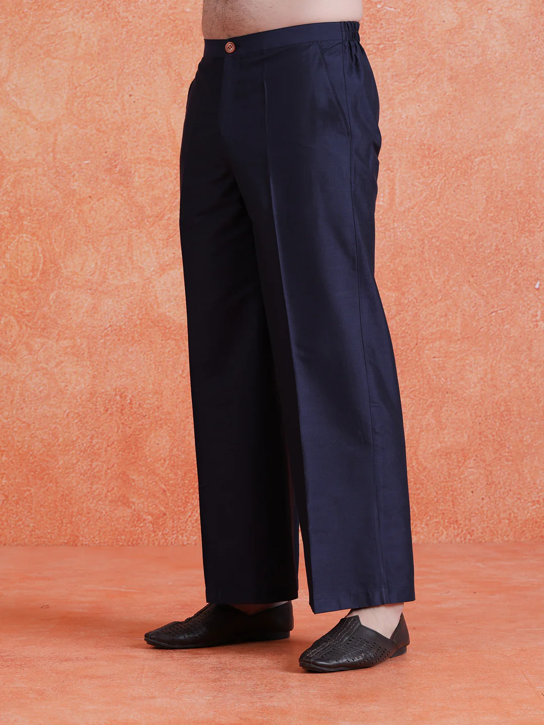 Navy Blue Silk Blend Solid Wide Leg Trouser - Image 3