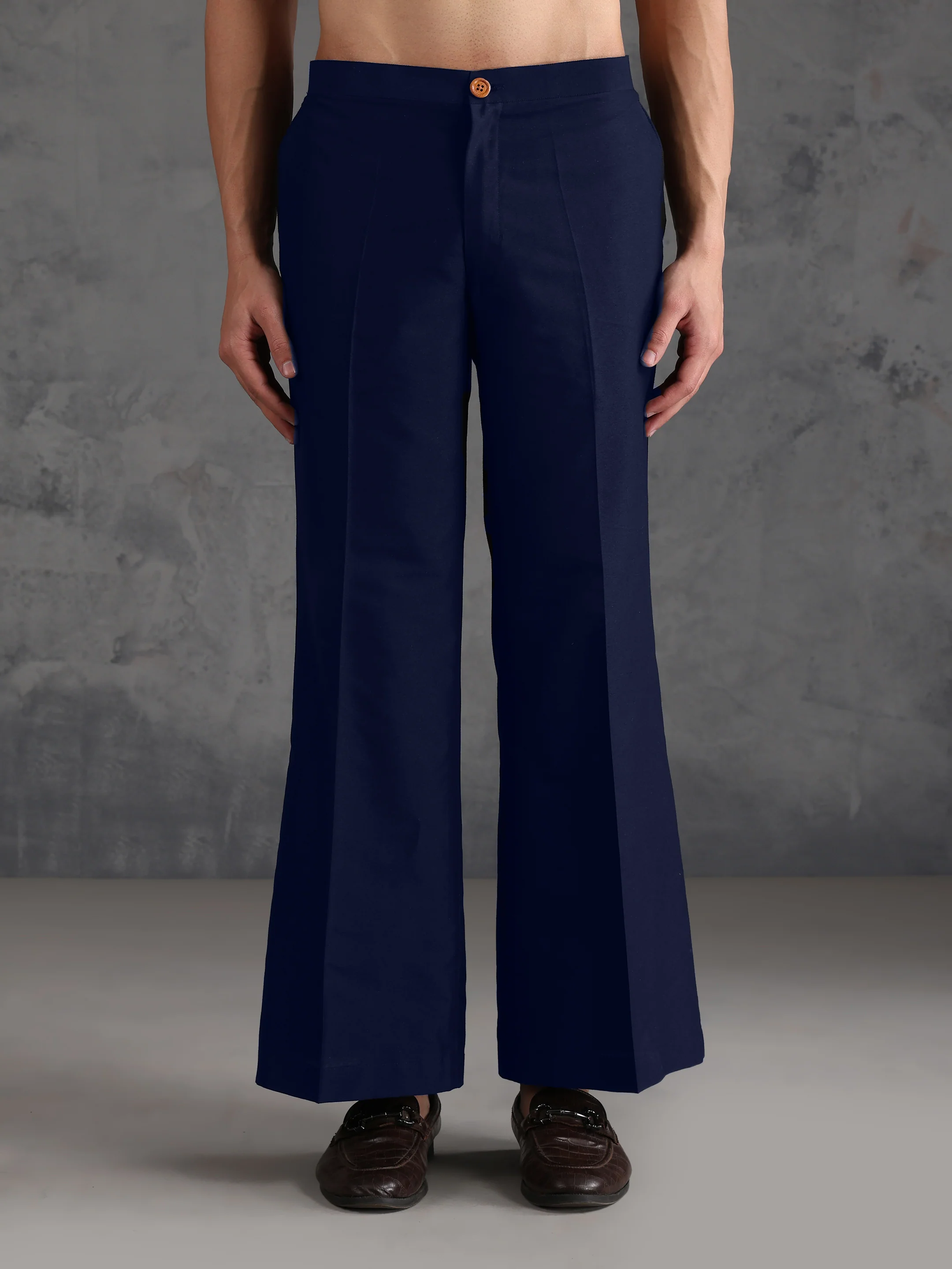 Navy Blue Silk Blend Solid Wide Leg Trouser