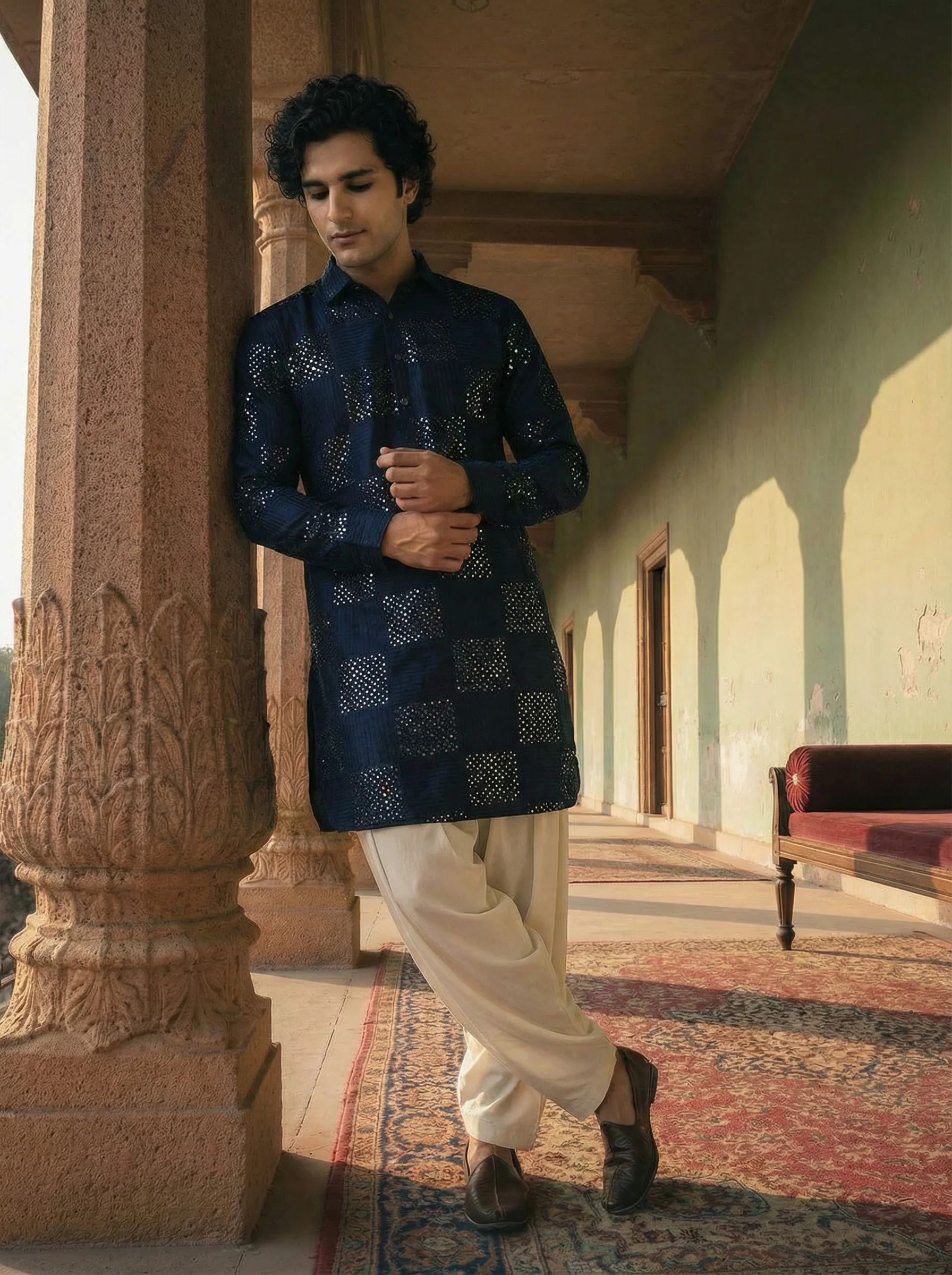 Navy Blue Silk Blend Textured Long Pathani Kurta
