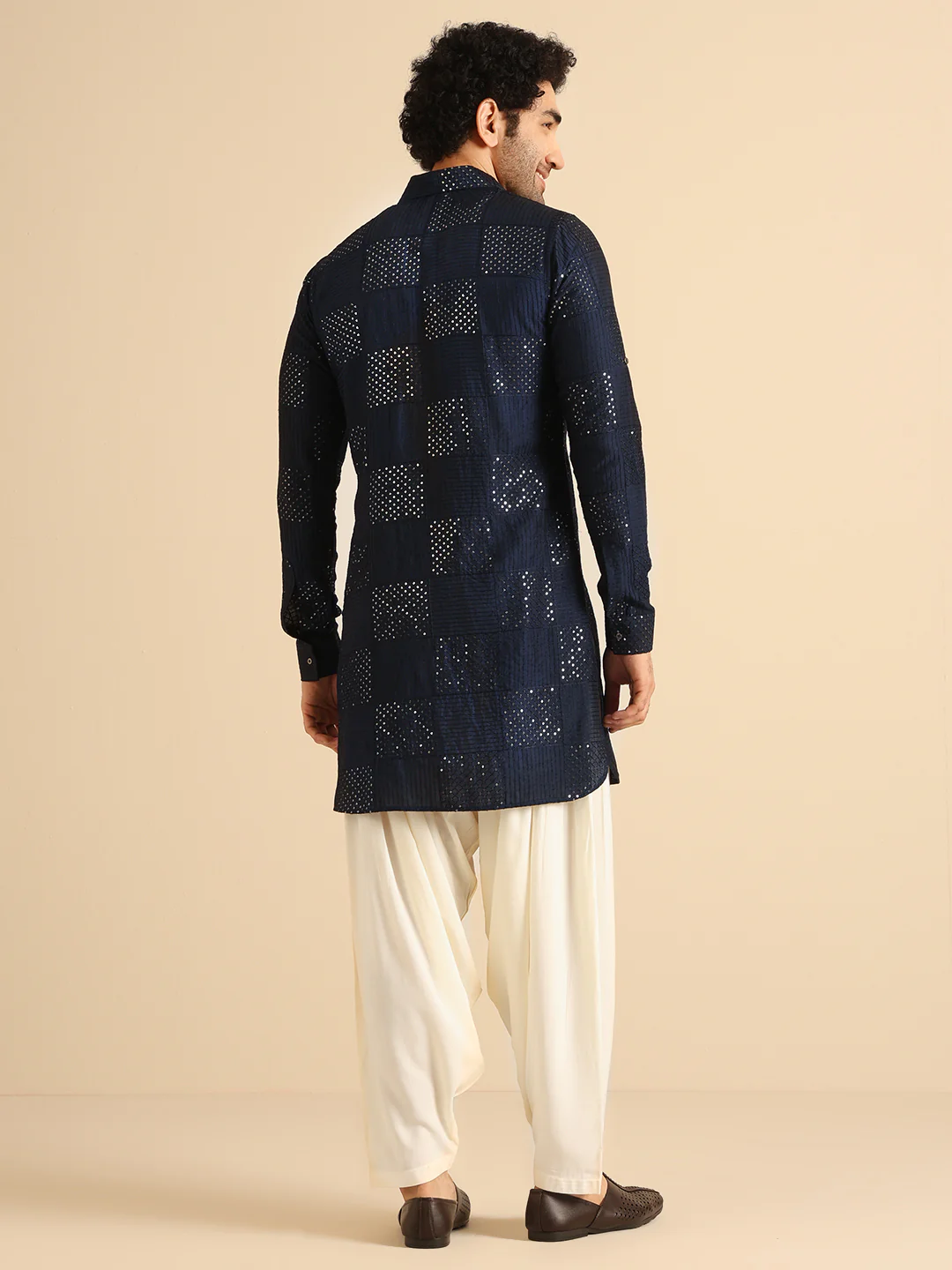 Navy Blue Silk Blend Textured Long Pathani Kurta - Image 4