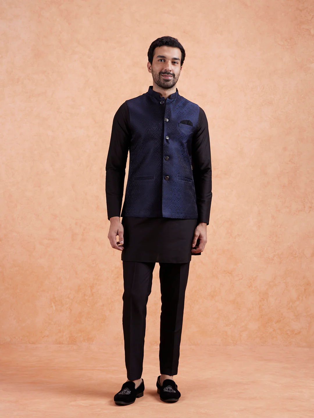Navy Blue Jacquard Silk Blend Kurta Jacket Set - Image 10