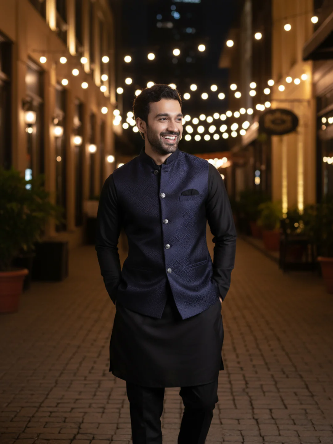 Navy Blue Jacquard Silk Blend Kurta Jacket Set - Image 11