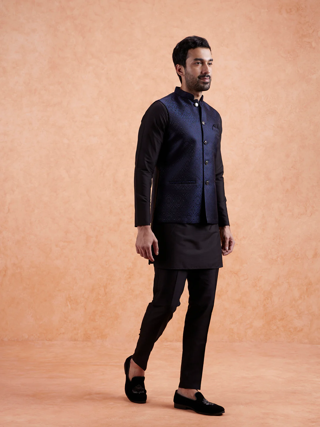 Navy Blue Jacquard Silk Blend Kurta Jacket Set - Image 3