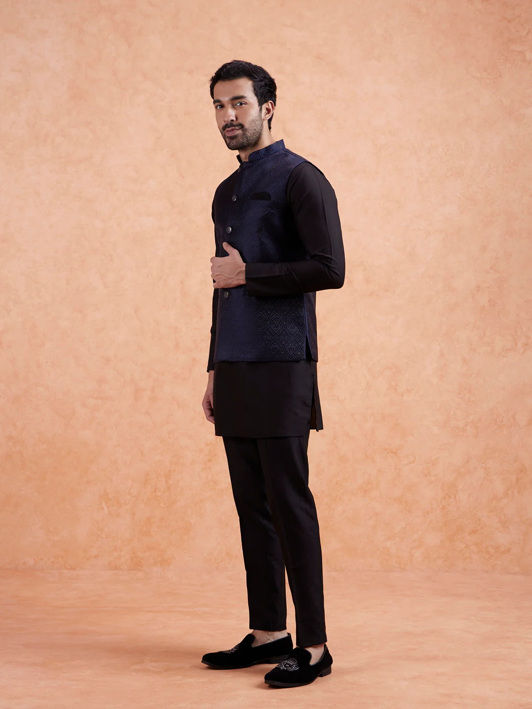 Navy Blue Jacquard Silk Blend Kurta Jacket Set - Image 4
