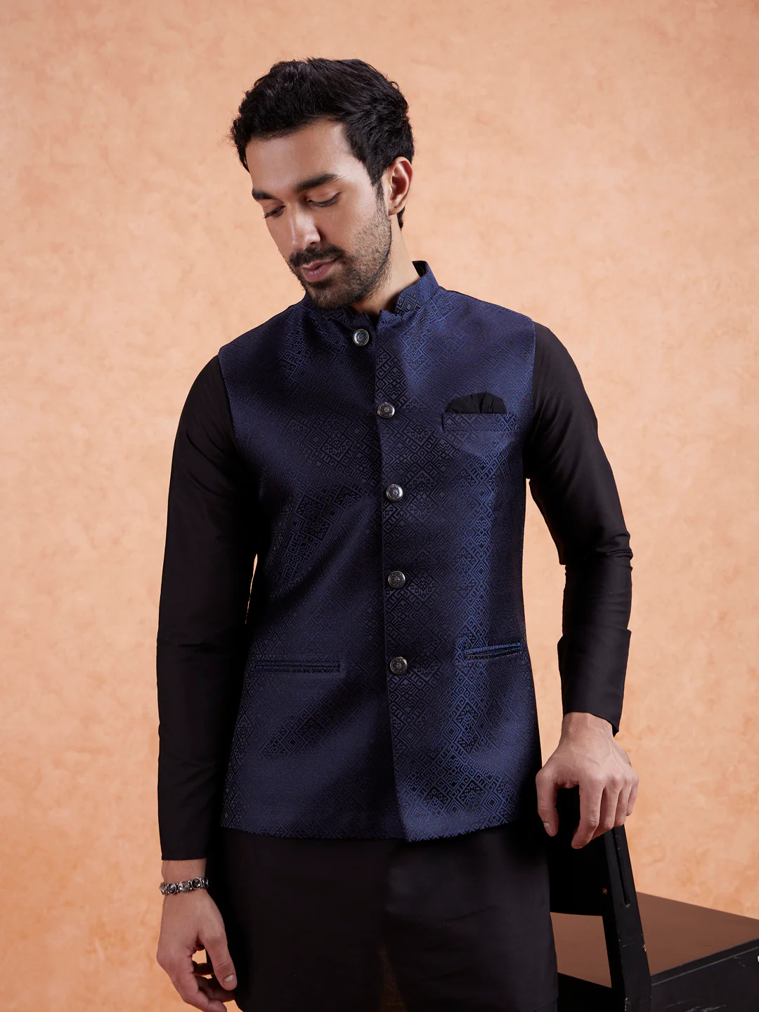 Navy Blue Jacquard Silk Blend Kurta Jacket Set - Image 5