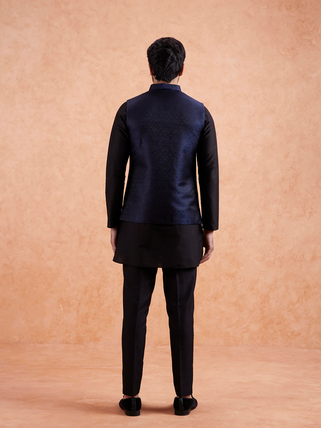 Navy Blue Jacquard Silk Blend Kurta Jacket Set - Image 6