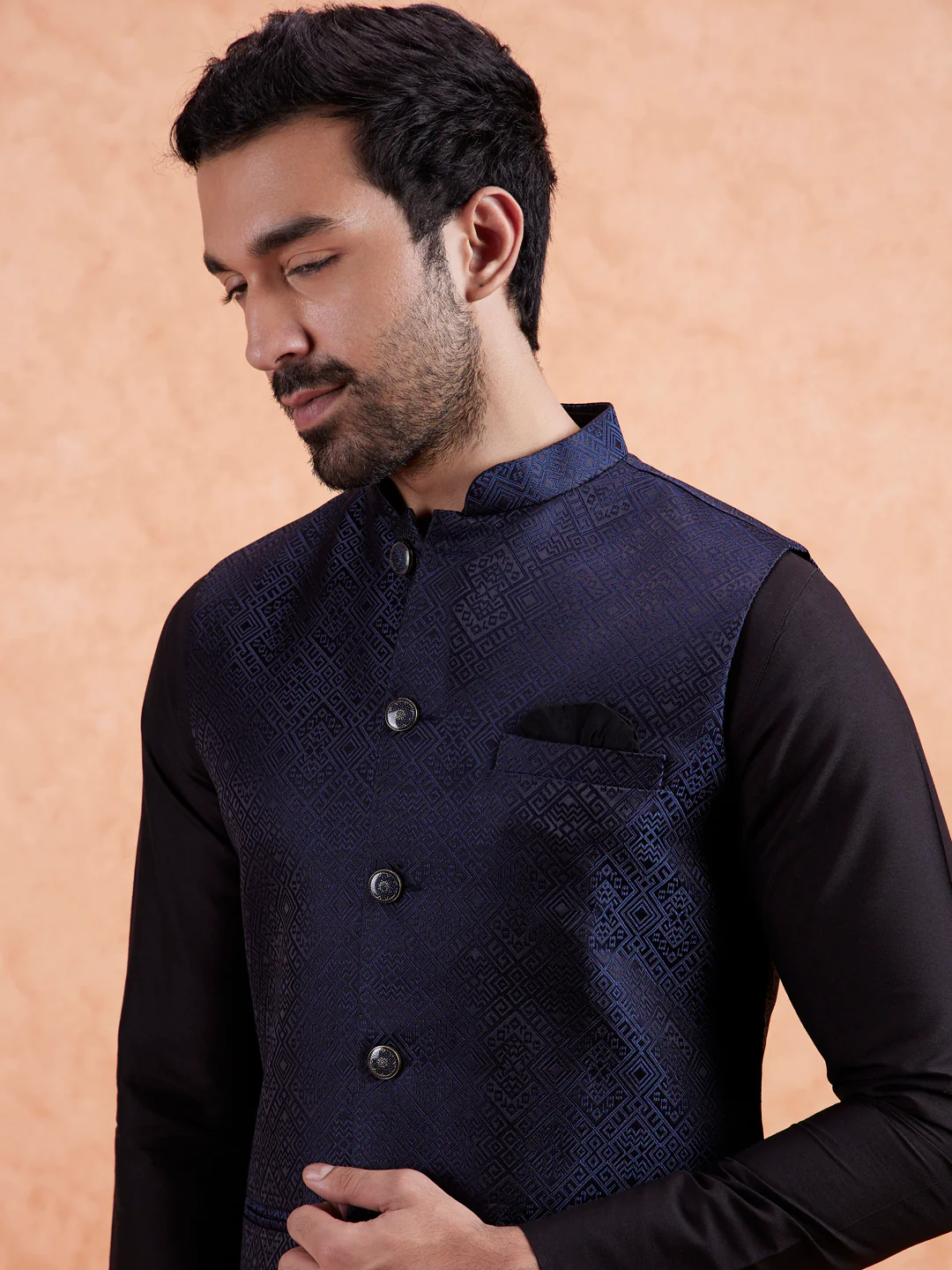 Navy Blue Jacquard Silk Blend Kurta Jacket Set - Image 7