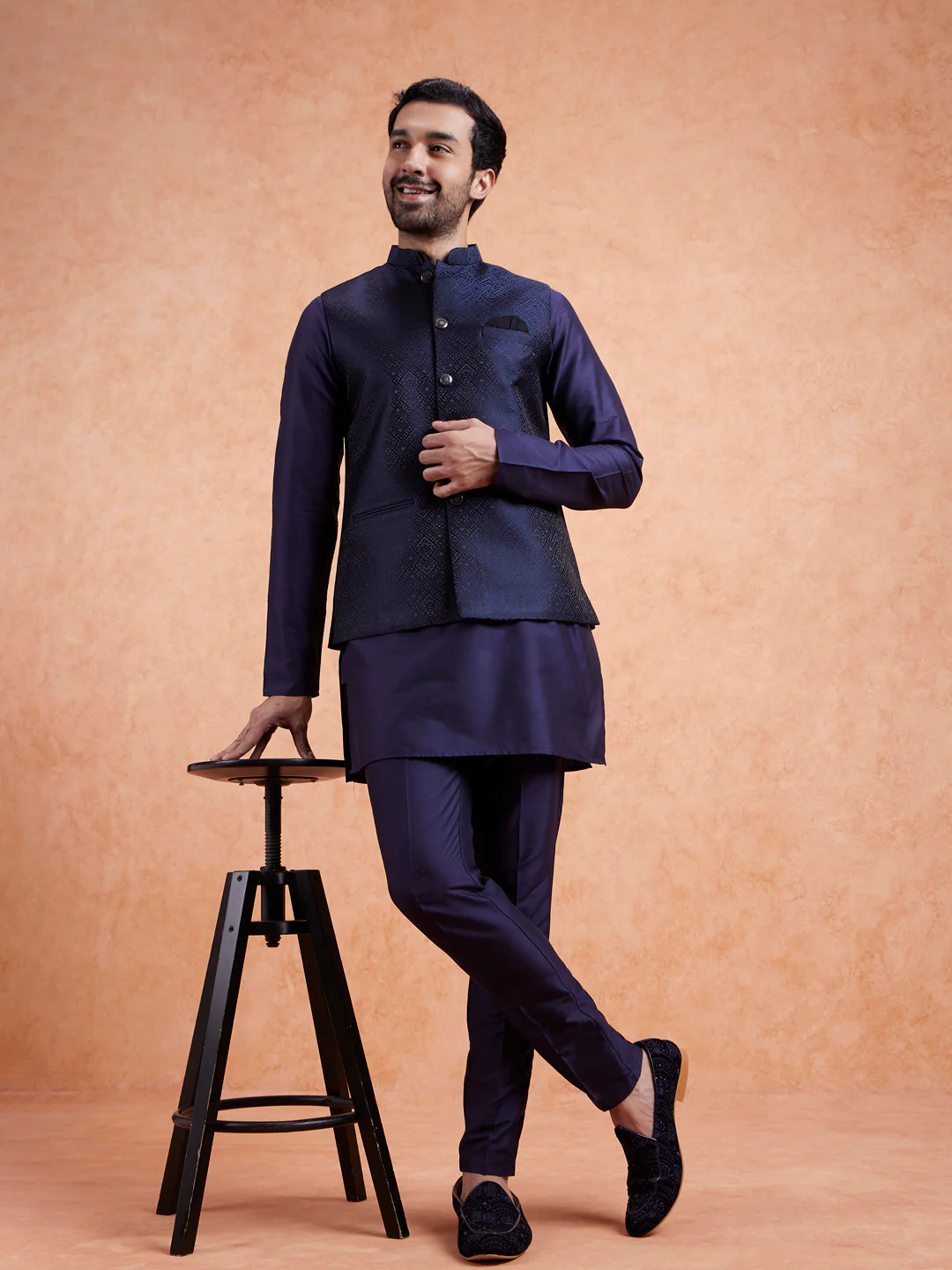 Navy Jacquard Kurta Jacket Set