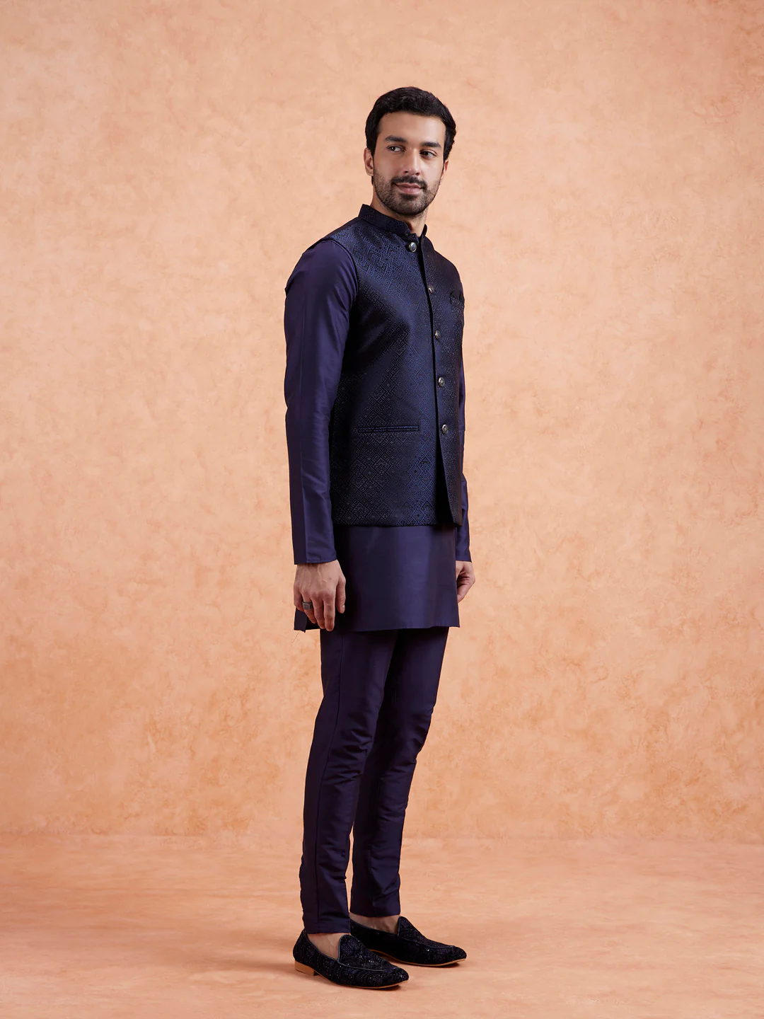 Navy Jacquard Kurta Jacket Set - Image 2