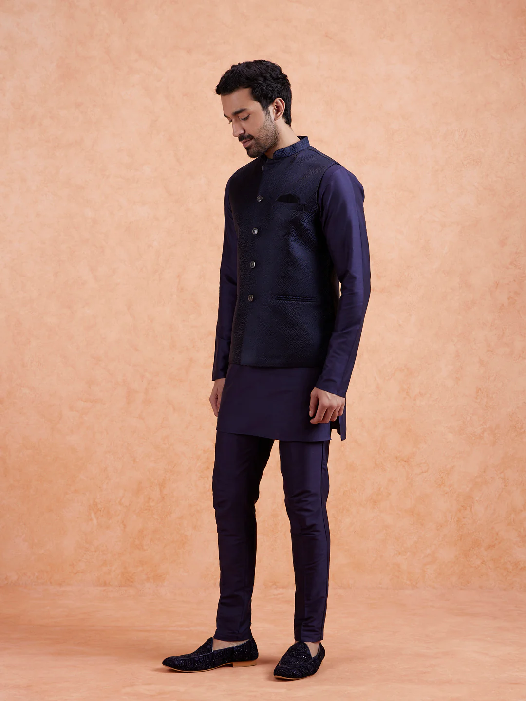 Navy Jacquard Kurta Jacket Set - Image 3