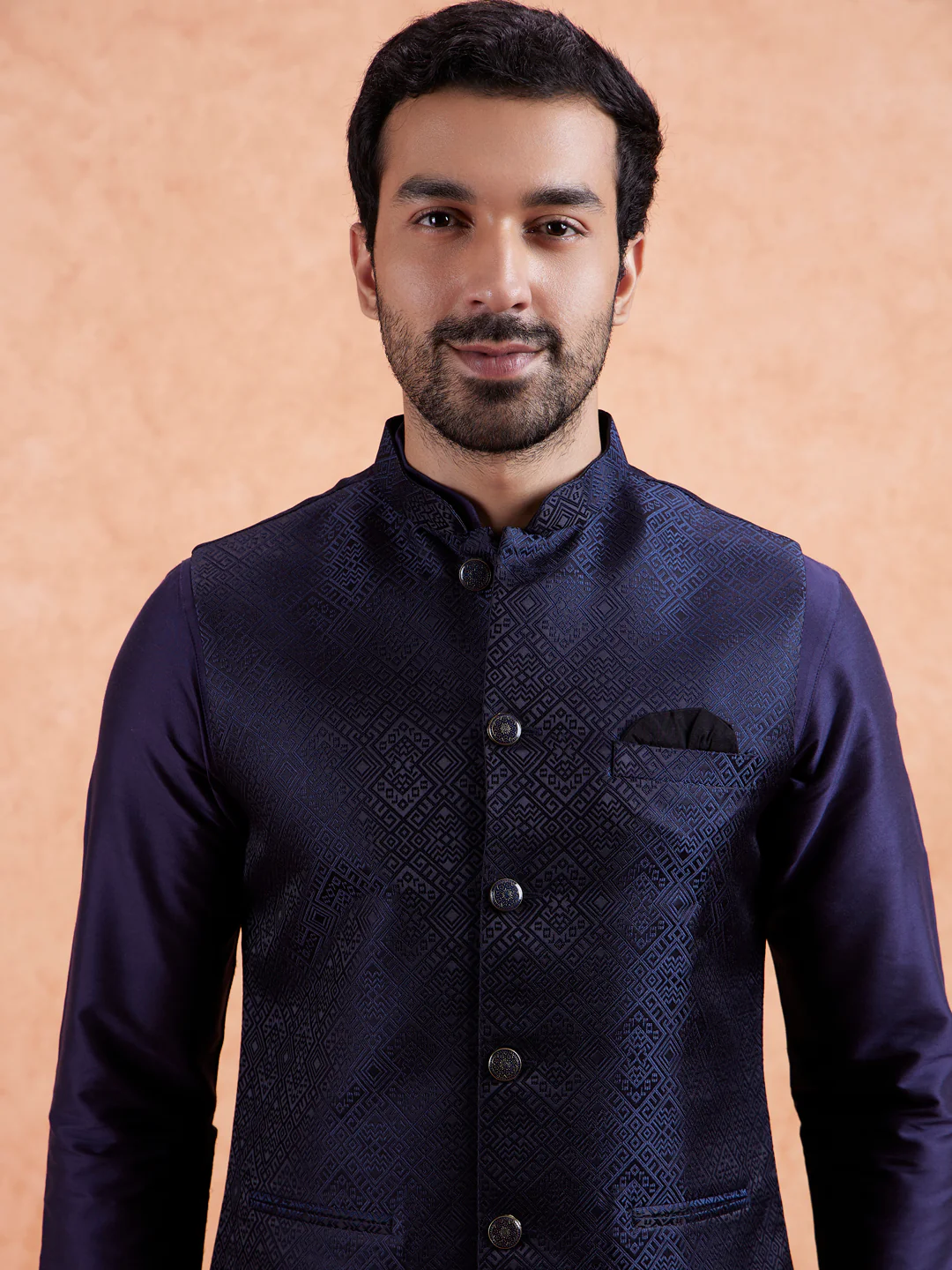 Navy Jacquard Kurta Jacket Set - Image 5