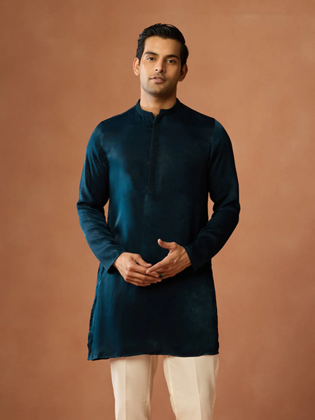 Navy Blue Silk Blend Velvet Mid Kurta