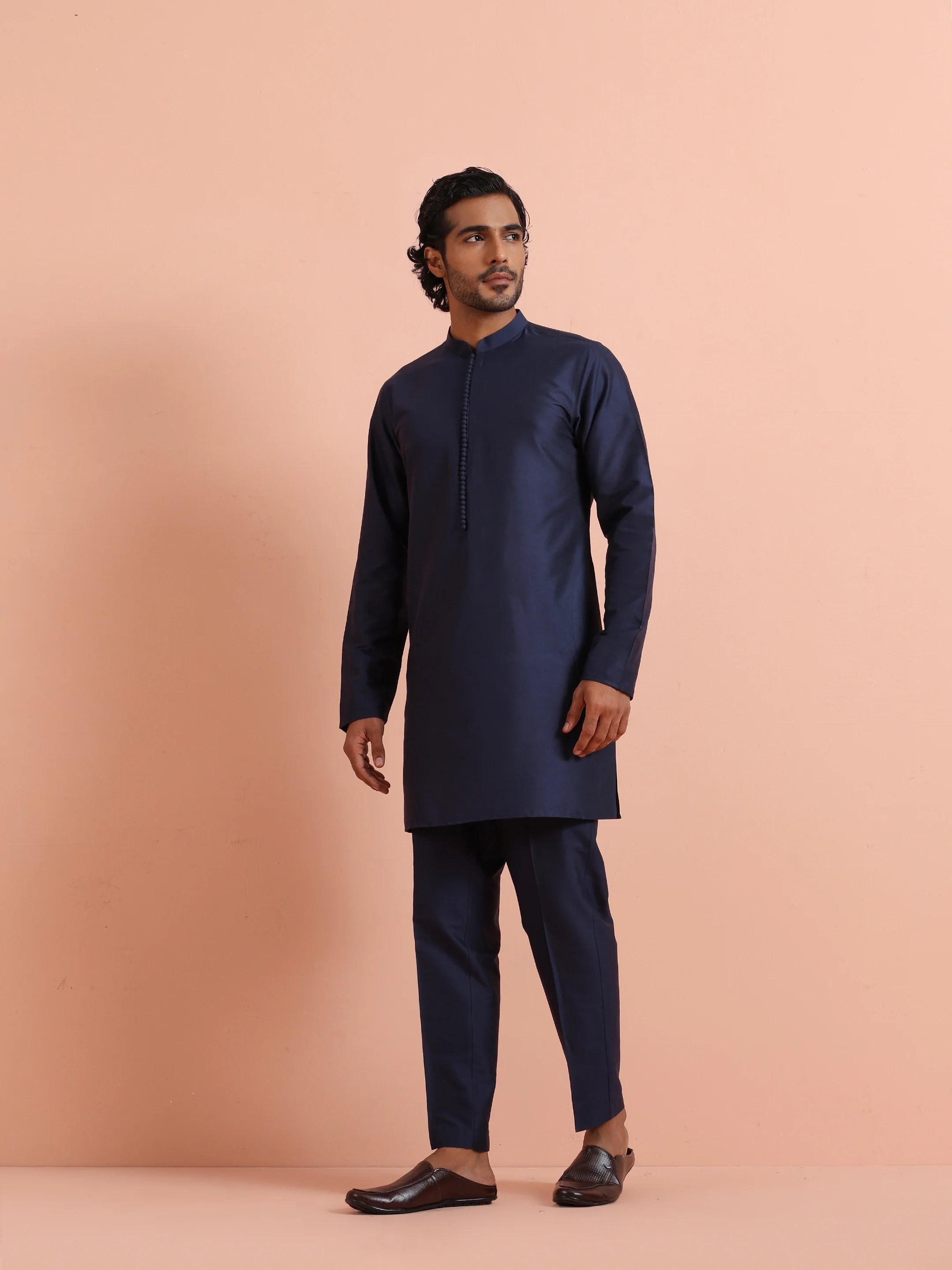 Navy Blue Solid Cotton Kurta Trouser Set - Image 3