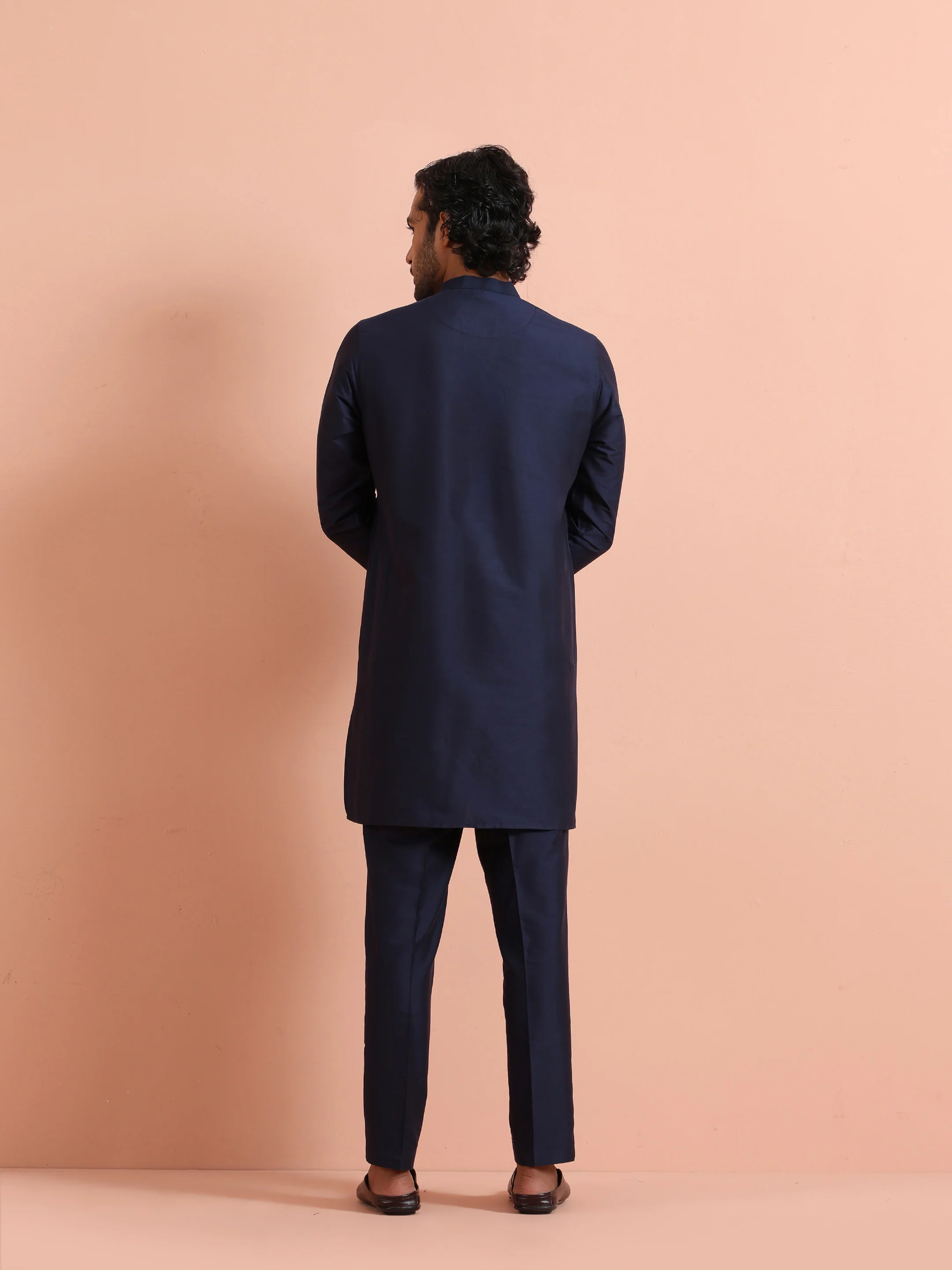 Navy Blue Solid Cotton Kurta Trouser Set - Image 4