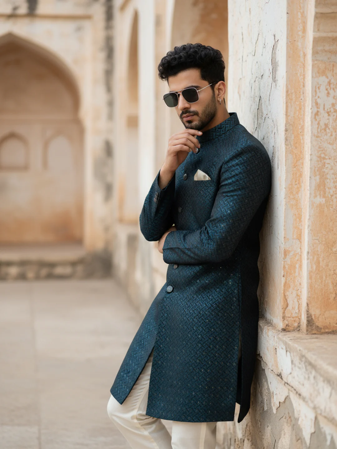 Navy Blue Textured Sherwani Trouser Set - Image 2