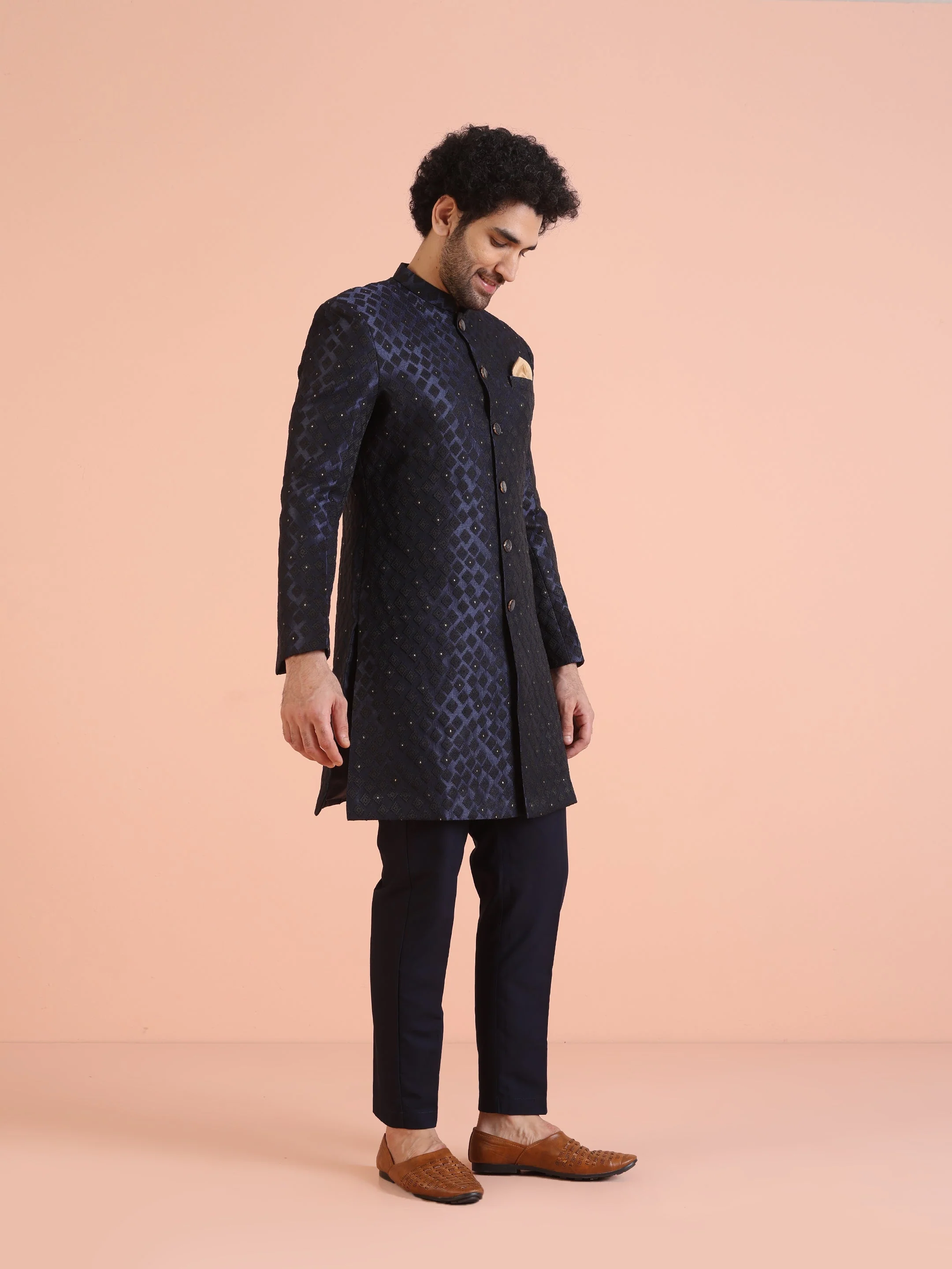 Navy Blue Textured Sherwani Trouser Set - Image 2