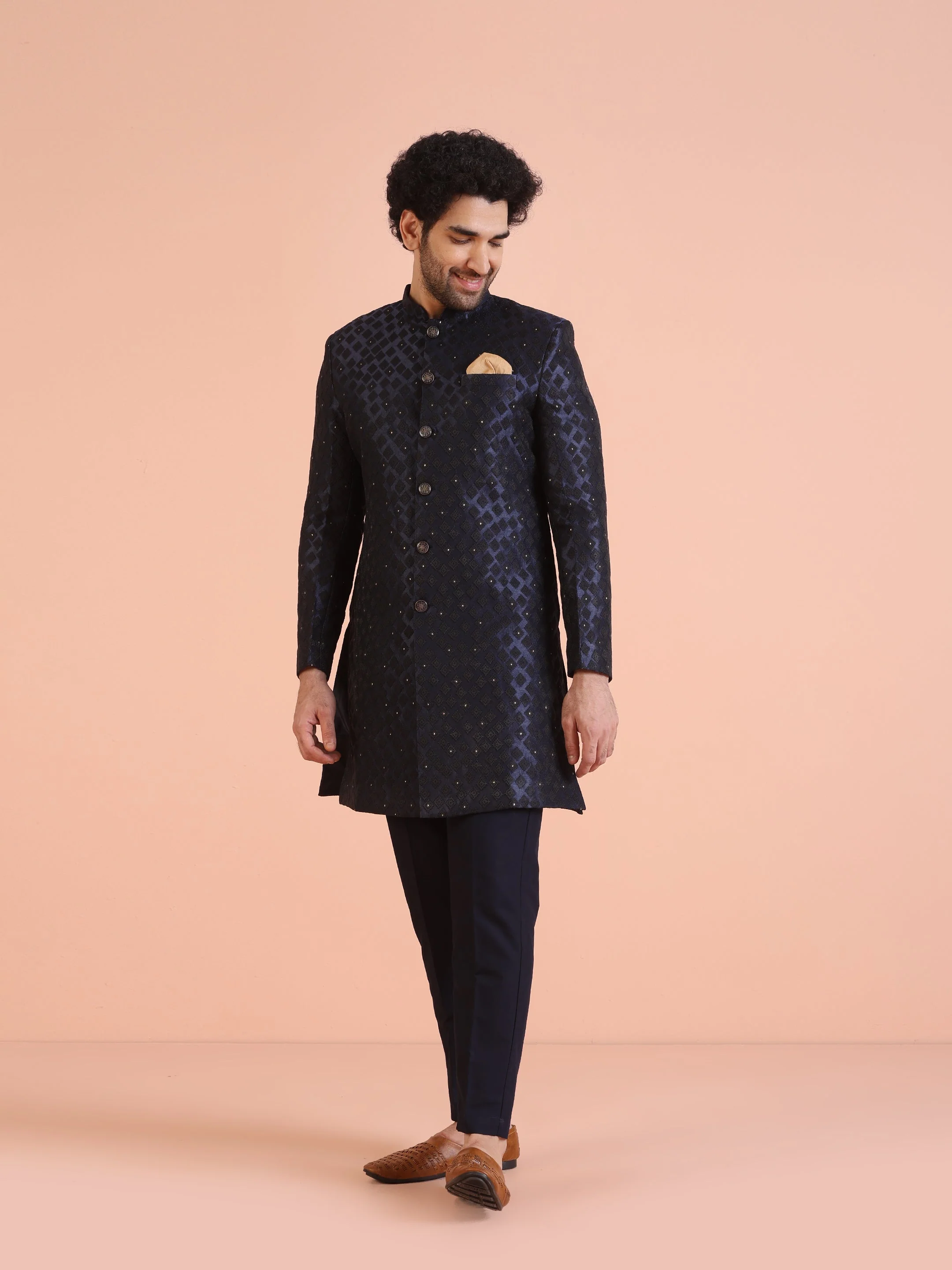 Navy Blue Textured Sherwani Trouser Set - Image 3