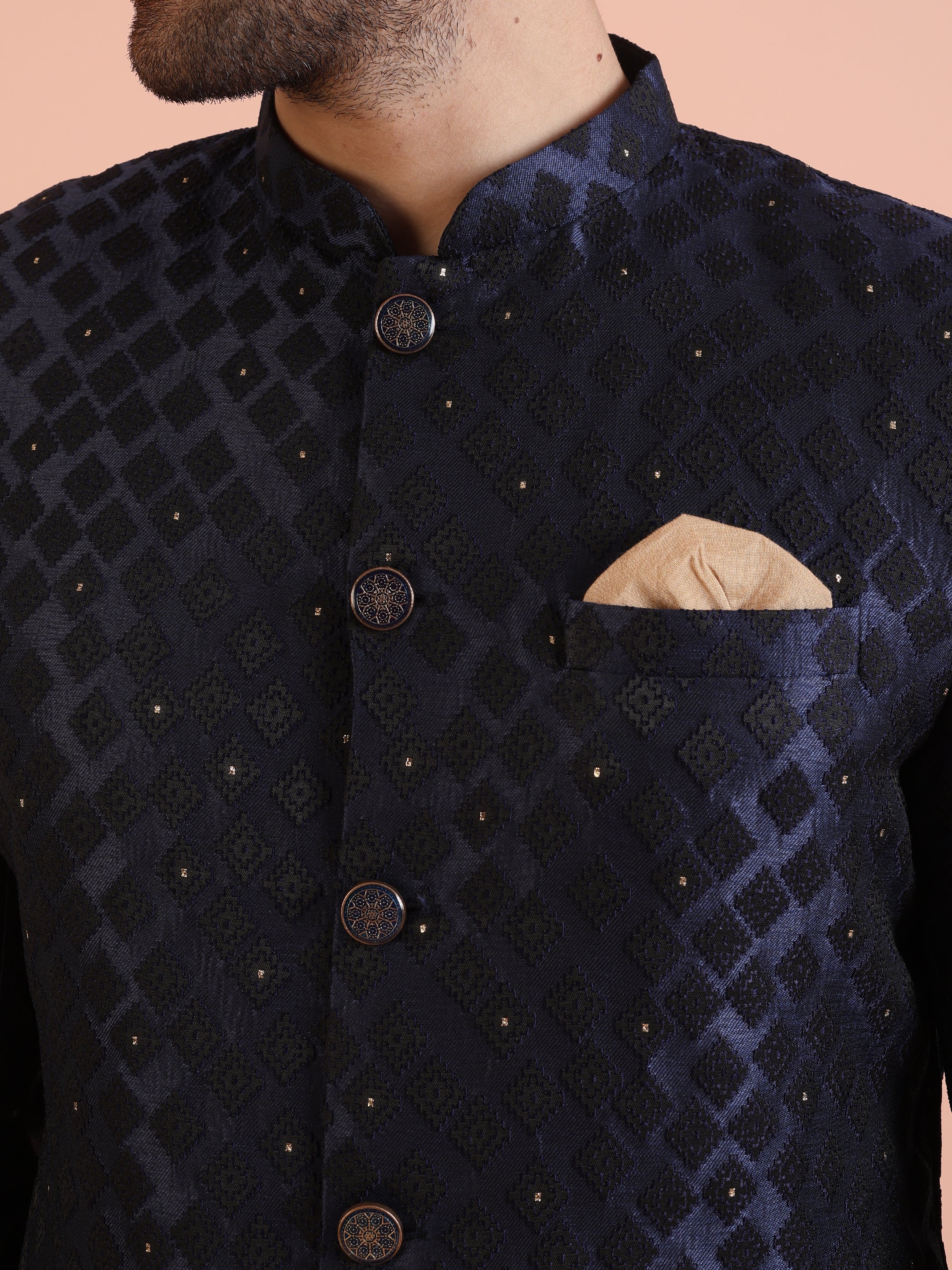 Navy Blue Textured Sherwani Trouser Set - Image 5