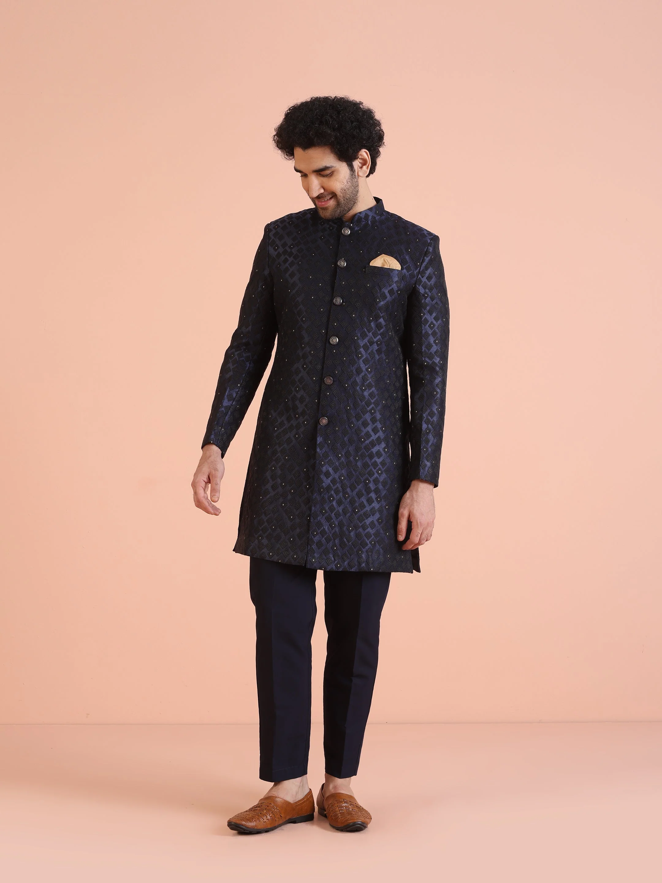 Navy Blue Textured Sherwani Trouser Set - Image 7