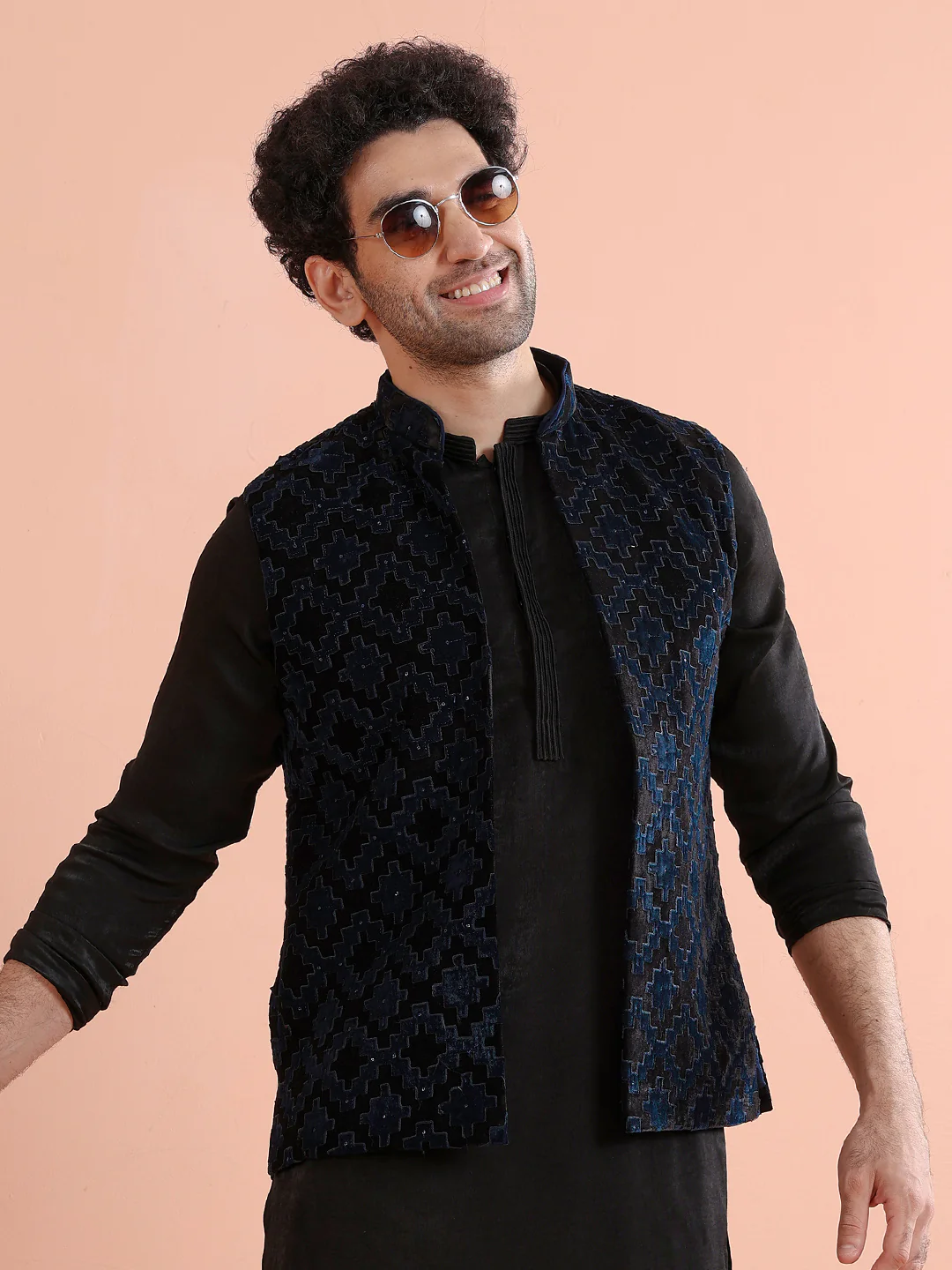 Navy Blue Textured Velvet Nehru Jacket