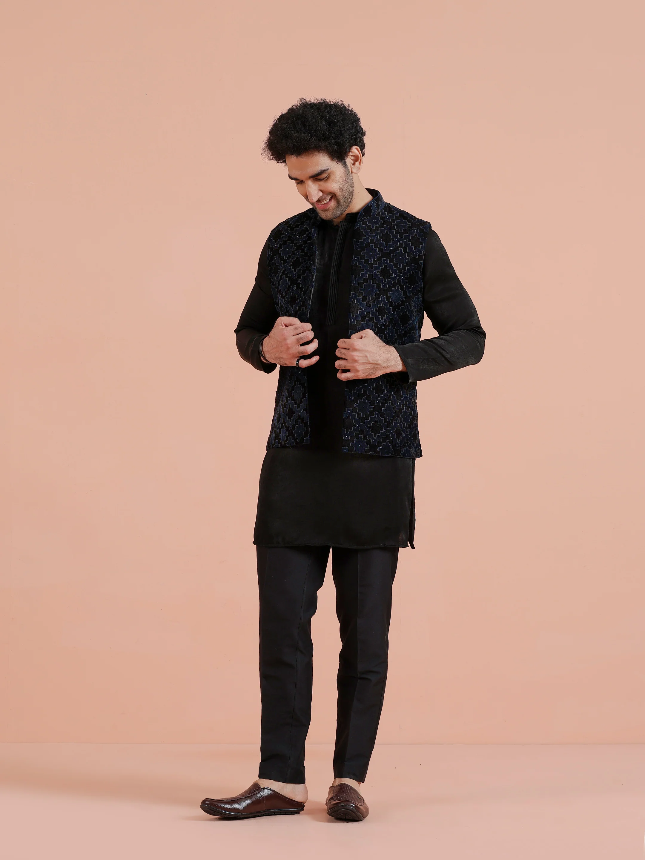 Navy Blue Textured Velvet Nehru Jacket - Image 2