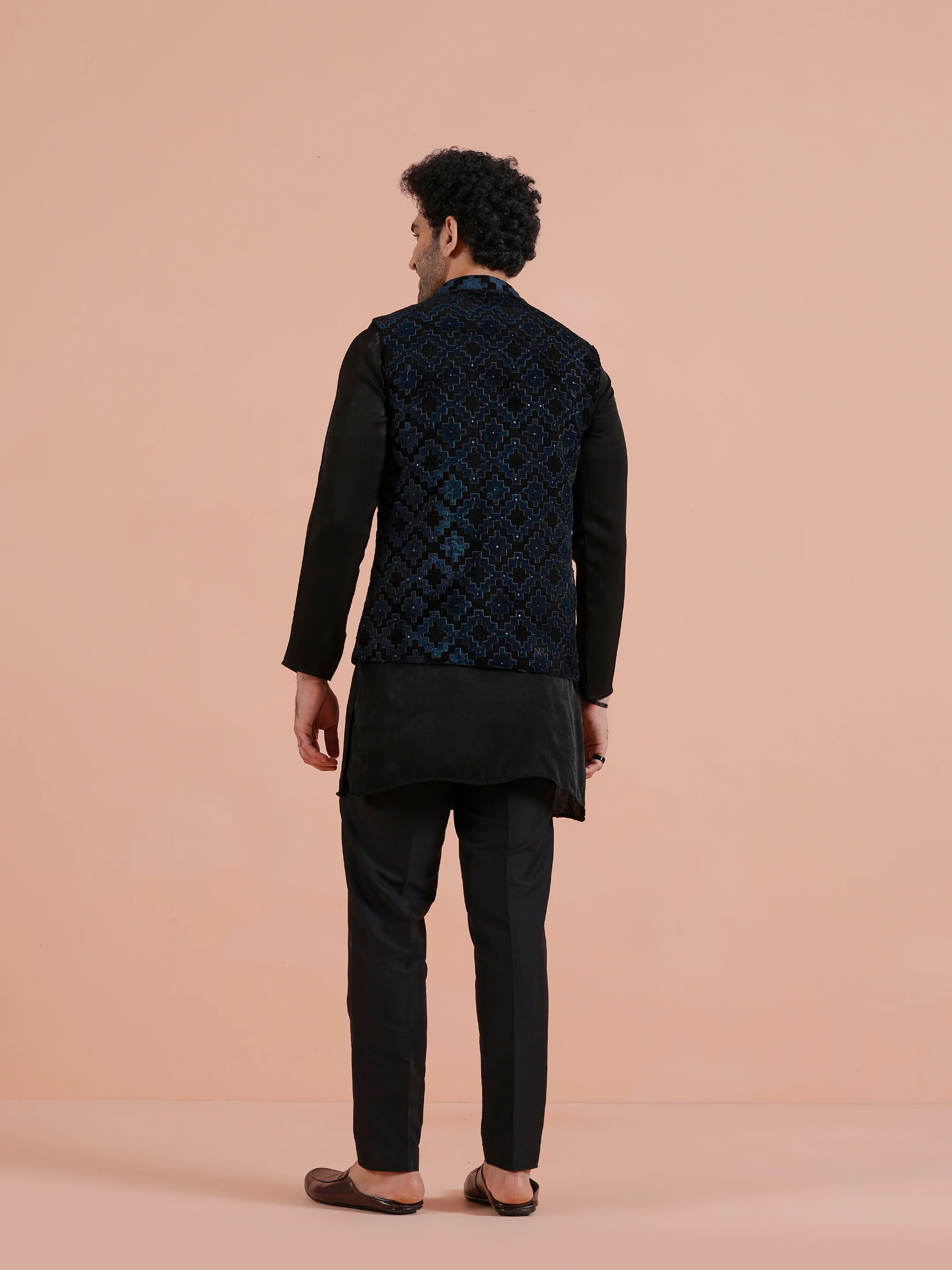 Navy Blue Textured Velvet Nehru Jacket - Image 4