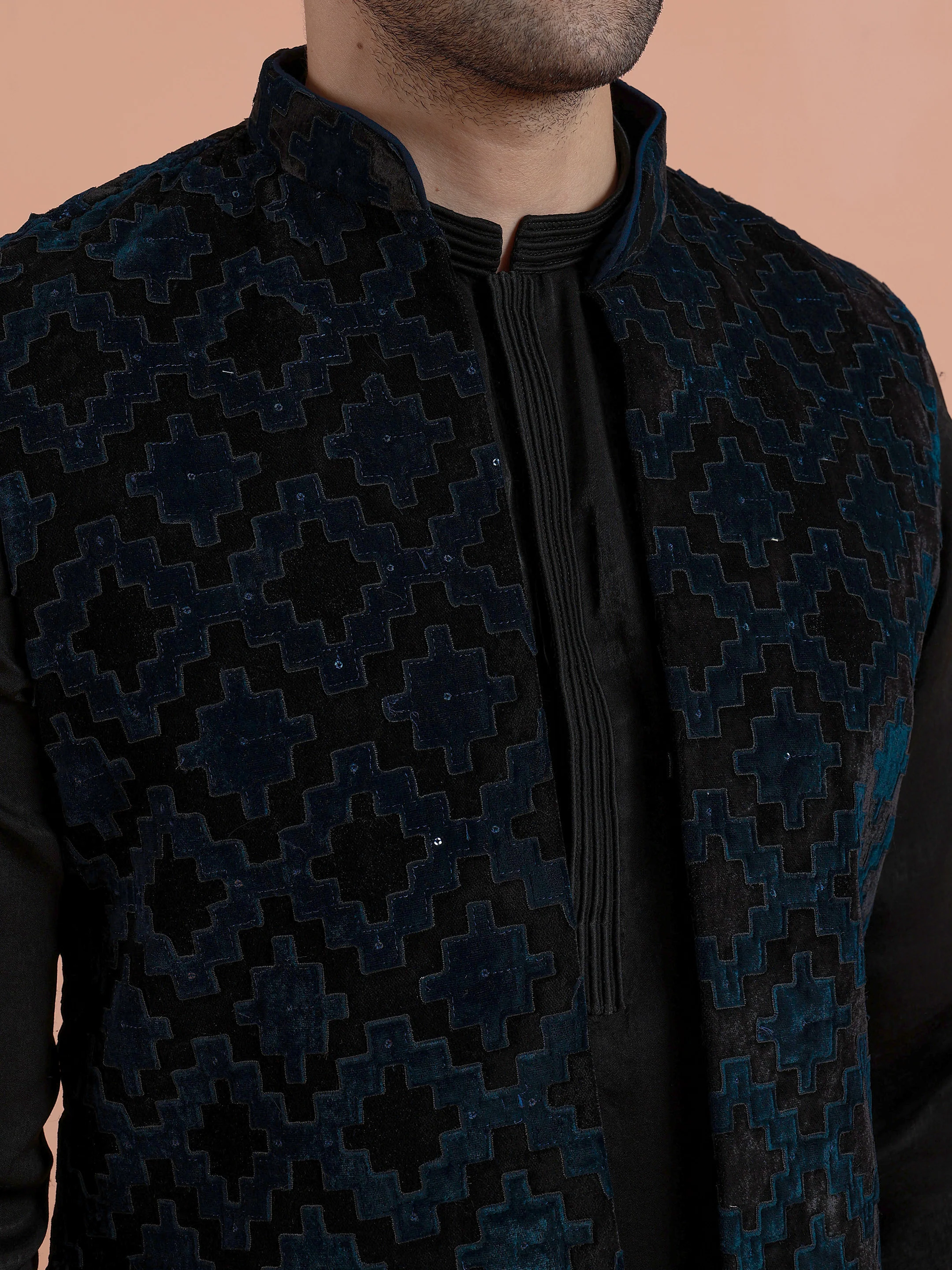 Navy Blue Textured Velvet Nehru Jacket - Image 5