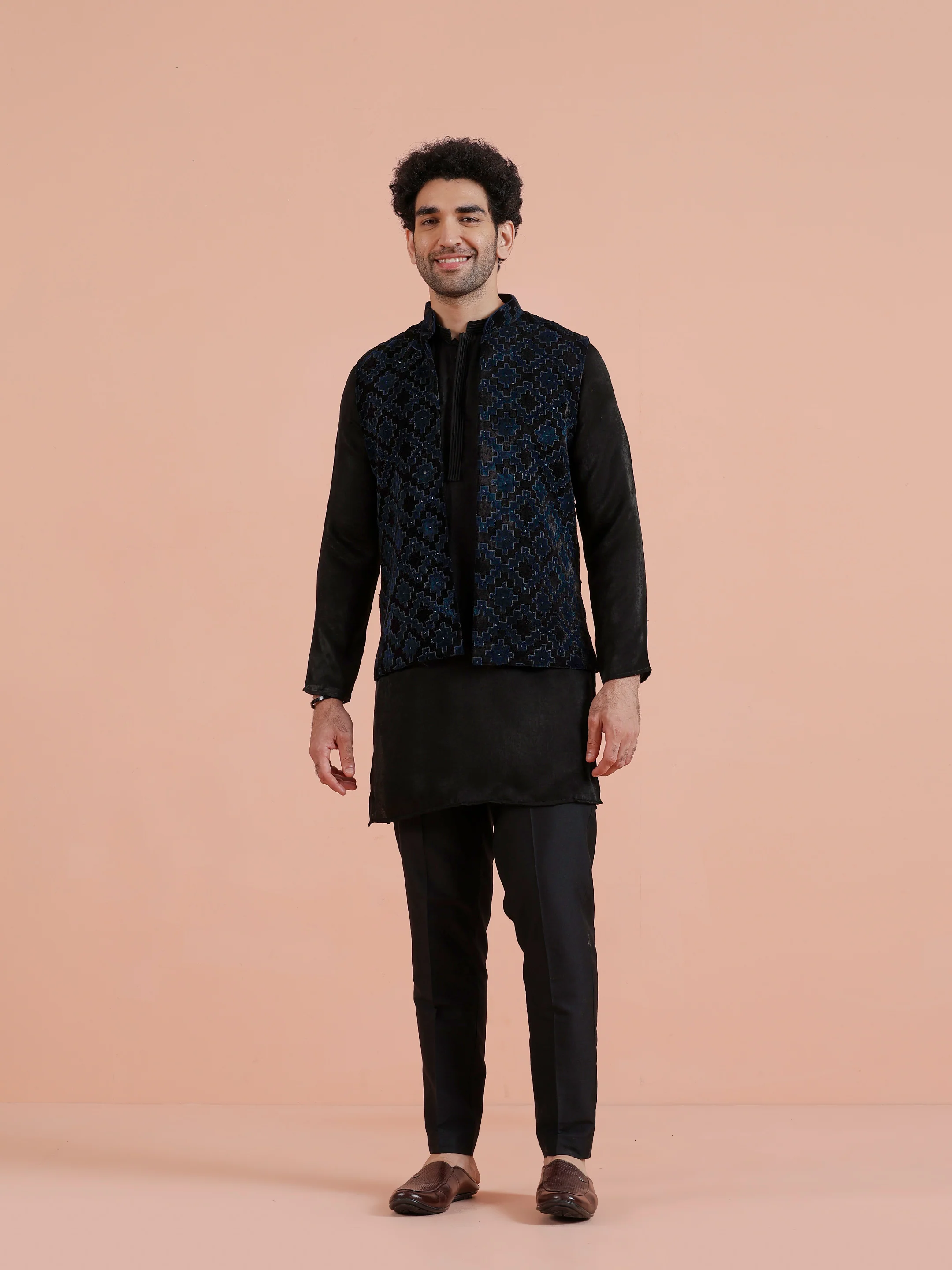 Navy Blue Textured Velvet Nehru Jacket - Image 7