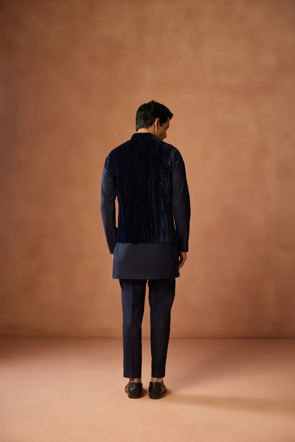 Navy Blue Velvet Jacket Kurta Trouser Set - Image 4