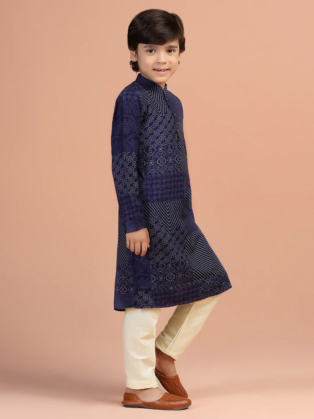 Navy Geometric Print Kids Kurta Set - Image 3