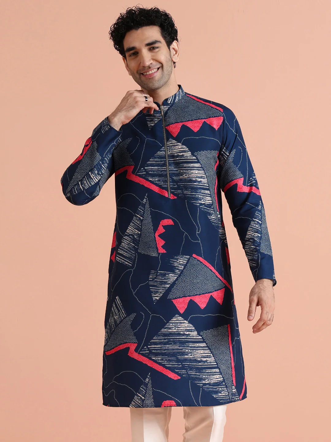 Navy Kurta with Abstract Red Print