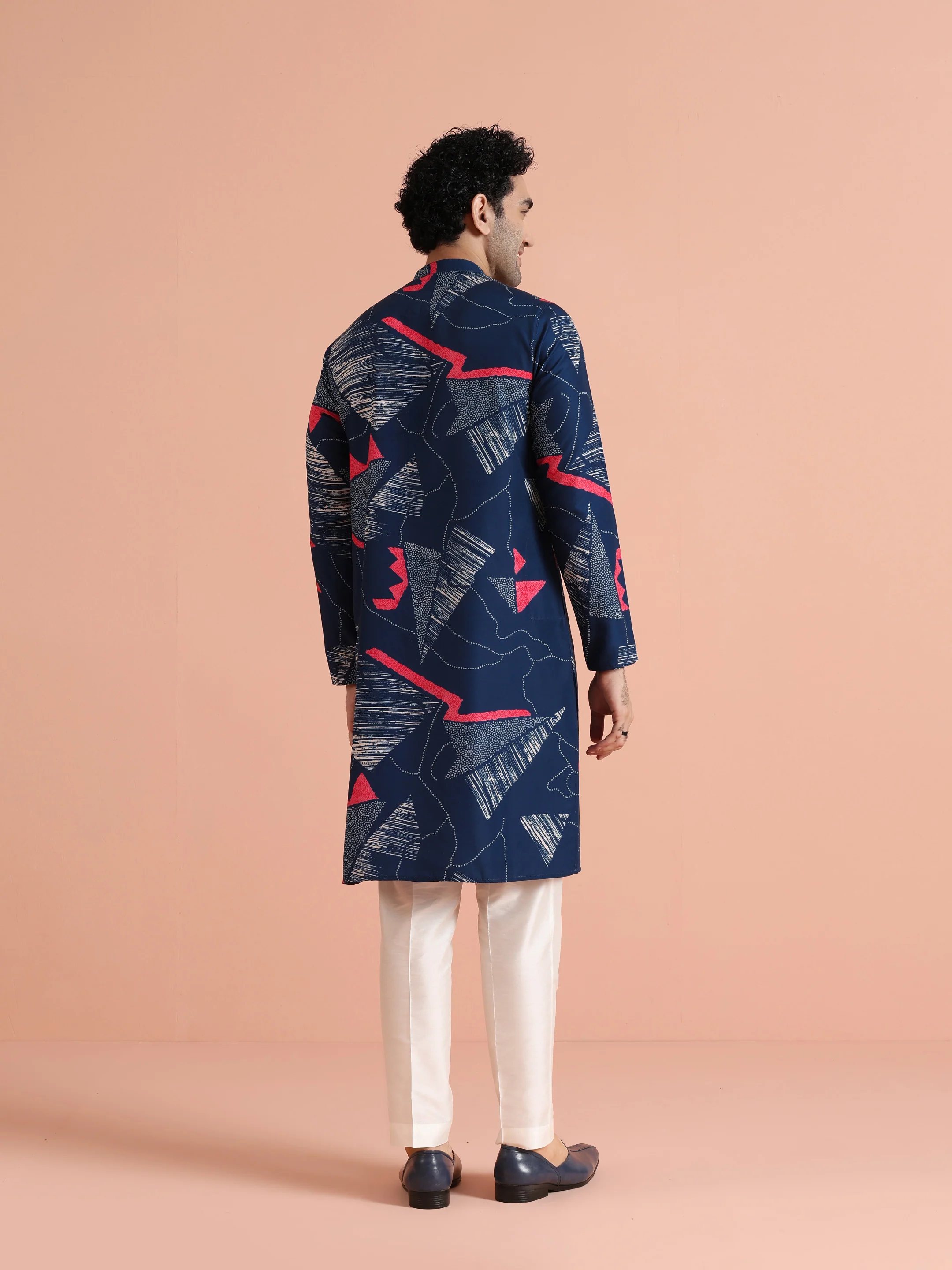 Navy Kurta with Abstract Red Print - Image 5