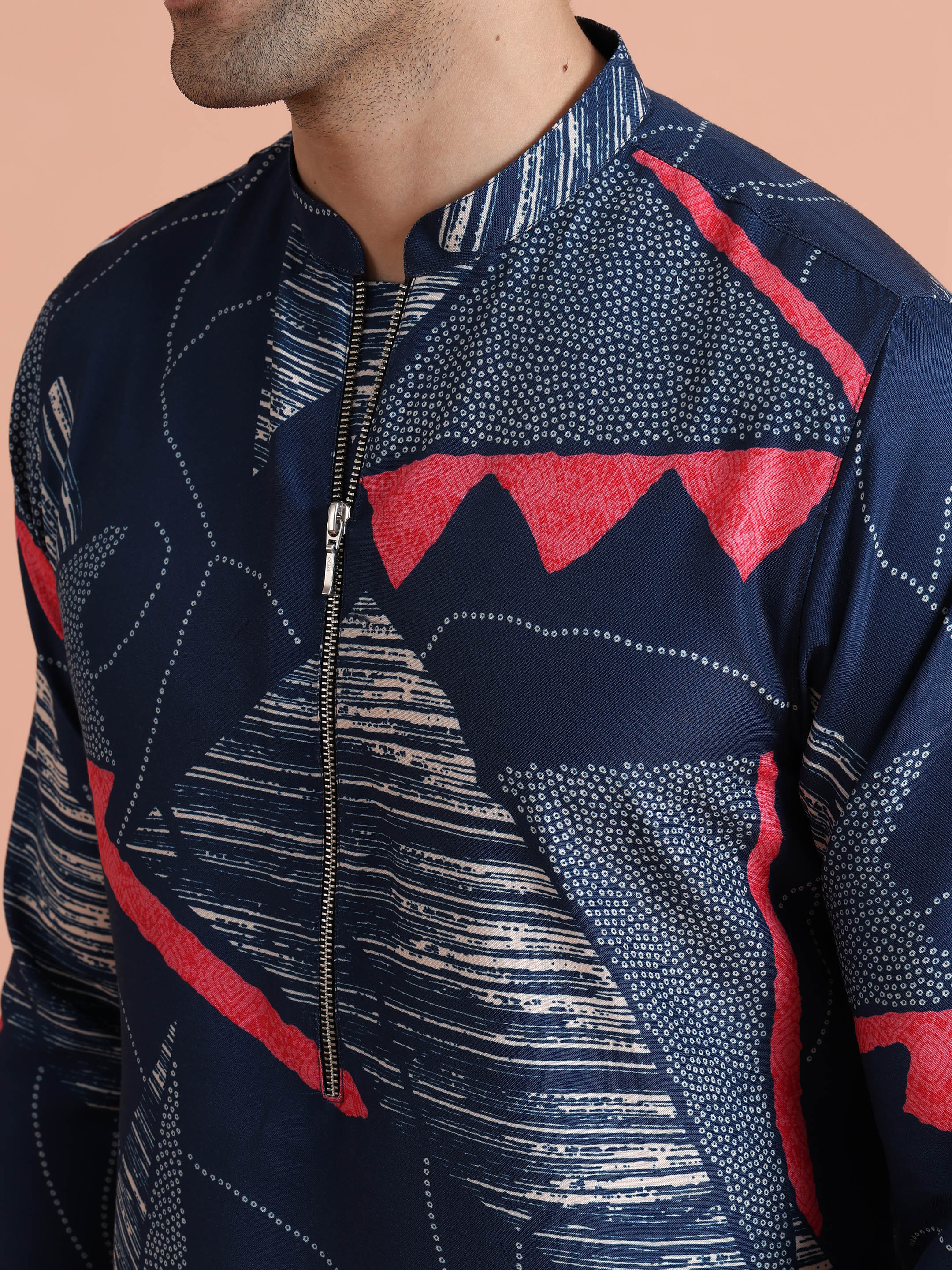 Navy Kurta with Abstract Red Print - Image 6