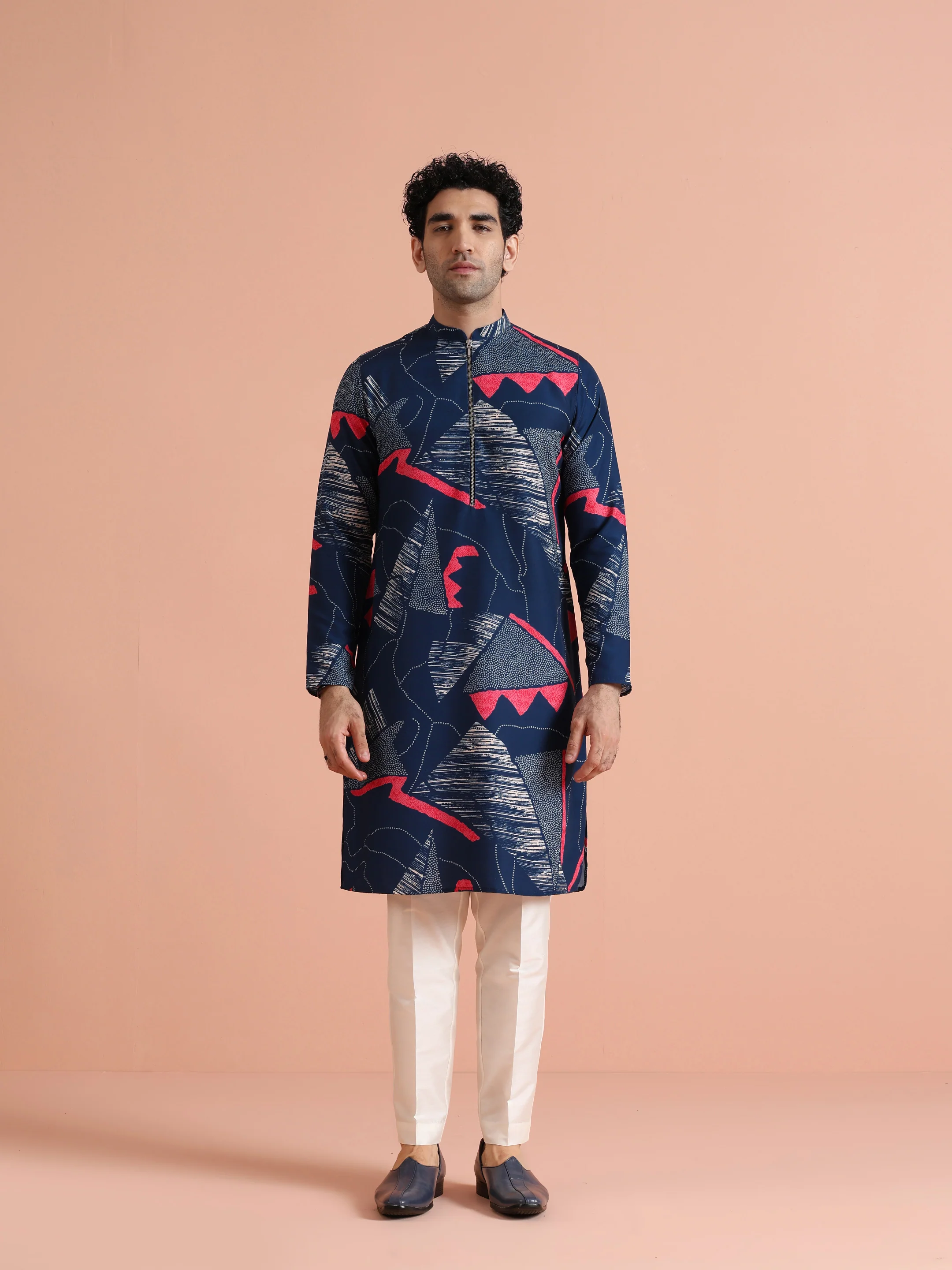 Navy Kurta with Abstract Red Print - Image 7